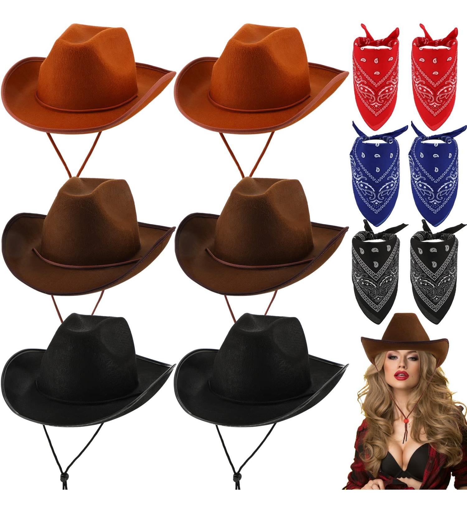 12 Pcs Adult Cowboy Hats for Women and Men - Adjustable Drawstring and Paisley Bandana - Dark Brown, Light Brown, Black - Buy Online on GoSupps.com