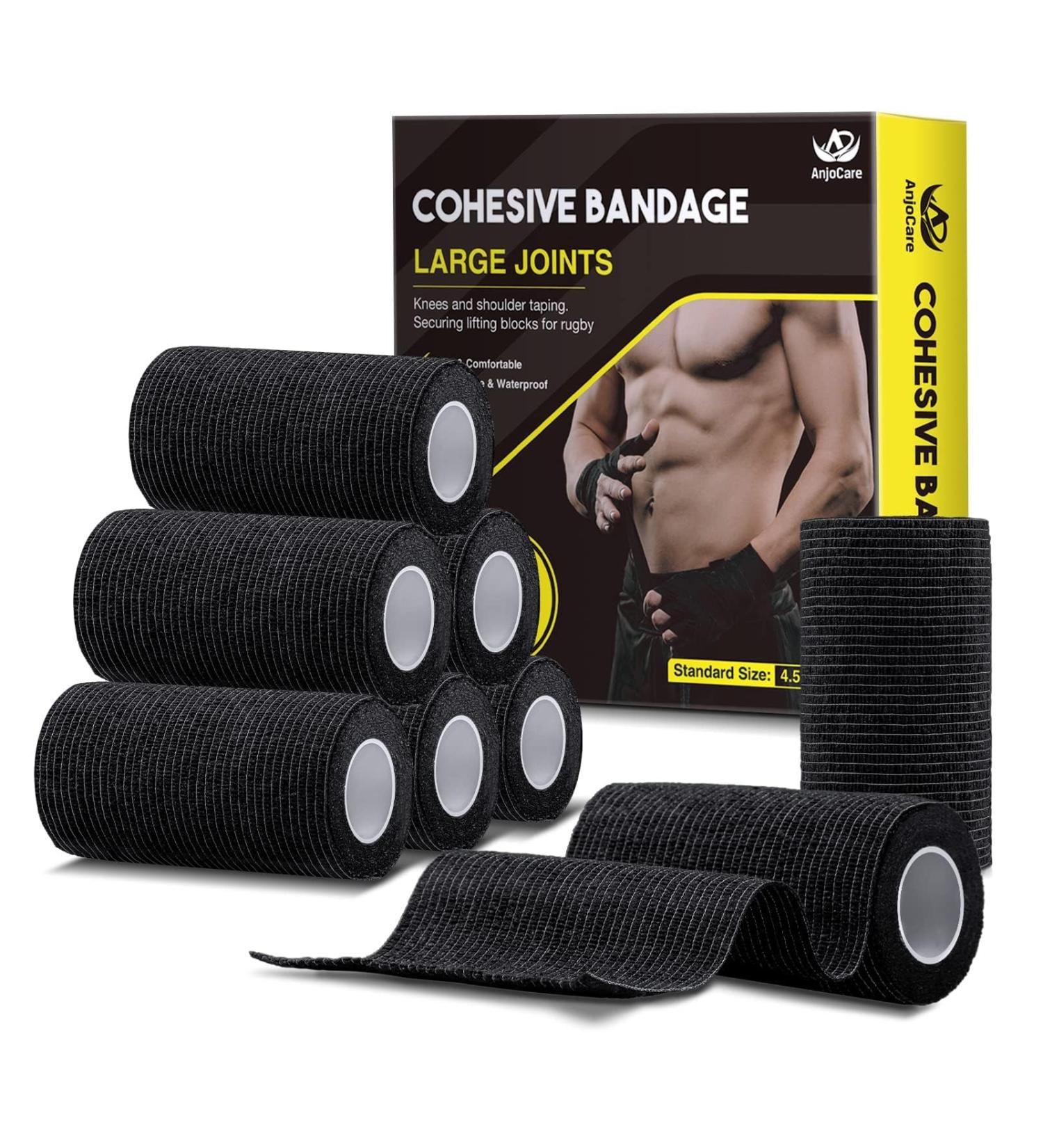 Anjocare Self-Adhesive Bandage Wrap (8 Pack) - Breathable & Cohesive Wrap for First Aid Sports Injuries and Pet Care - 10cm x 4.5m - Black - Buy Online on GoSupps.com