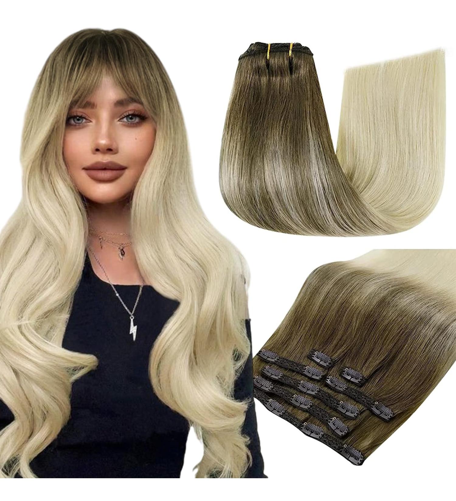 Runature Remy Clip-In Hair Extensions - Blonde Balayage 35cm | Invisible Real Hair 7PCs 120g #8/60BA - Buy Online on GoSupps.com