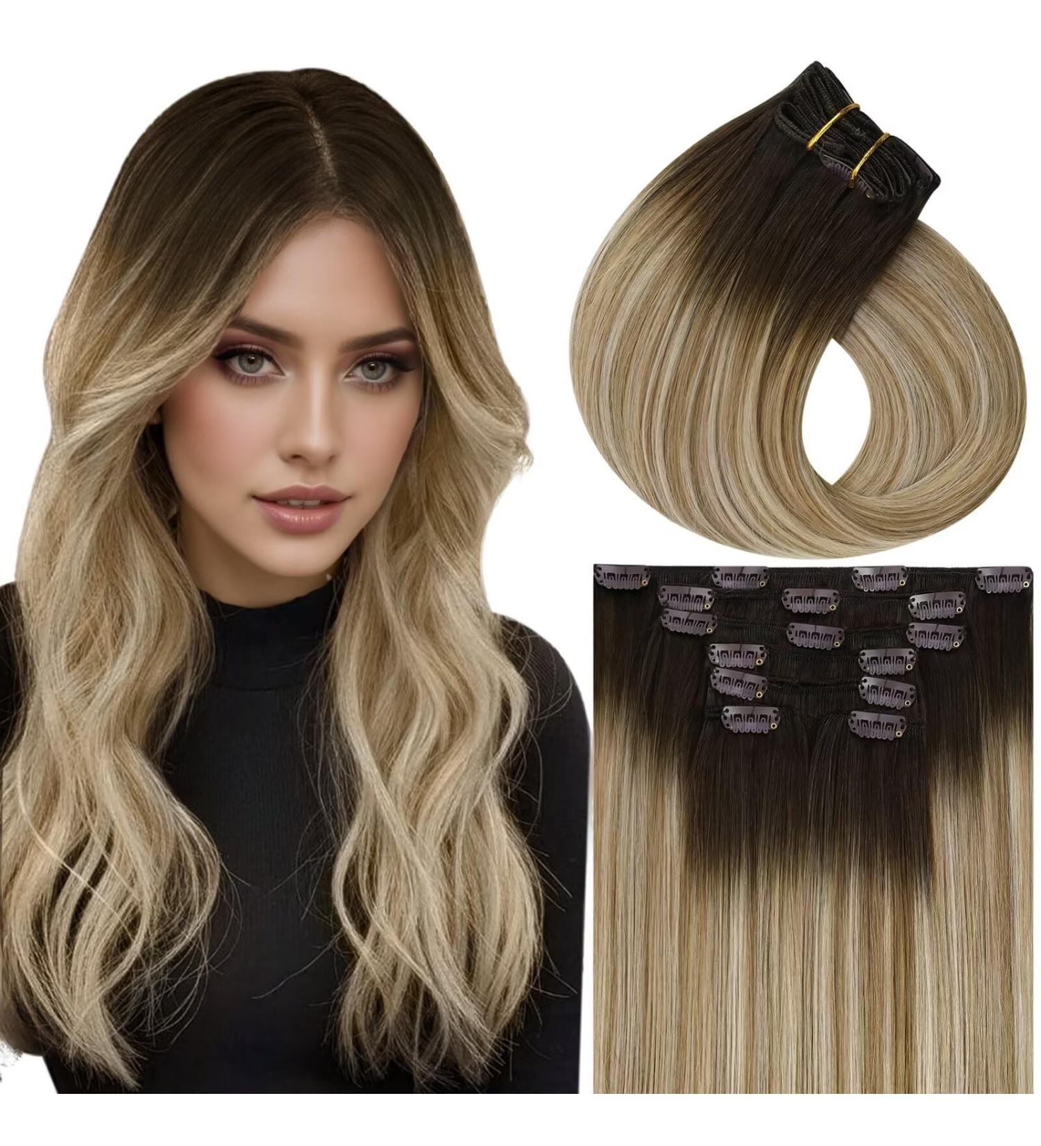 Vivien Clip-in Extensions | Remy Real Hair | 16 Inch Balayage Dark Brown Ombre & Platinum Blonde | 7PCs 120g - Buy Online on GoSupps.com