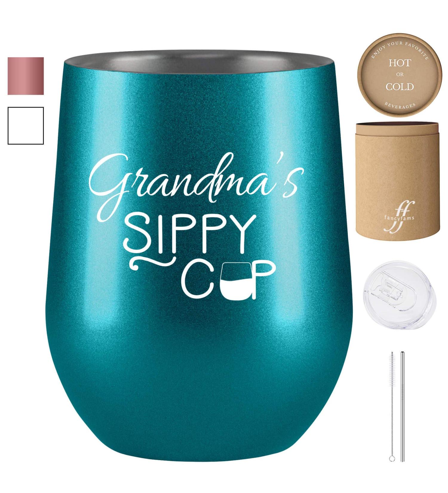 Fancyfams Grandma's Sippy Cup Tumbler - 12oz Stainless Steel Insulated Wine Tumbler with Lid & Straw | New Grandma & Funny Birthday Gift - Turquoise - Buy Online on GoSupps.com