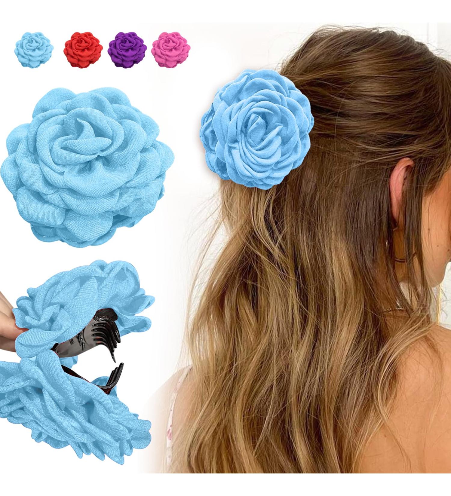 Large Hair Clips Rose Flower Clips Multicolored Flowers Hair Clips for Women and Girls Purple Blue Pink Red (Blue Approx. 12 cm) Blue-12 cm - Buy Online on GoSupps.com