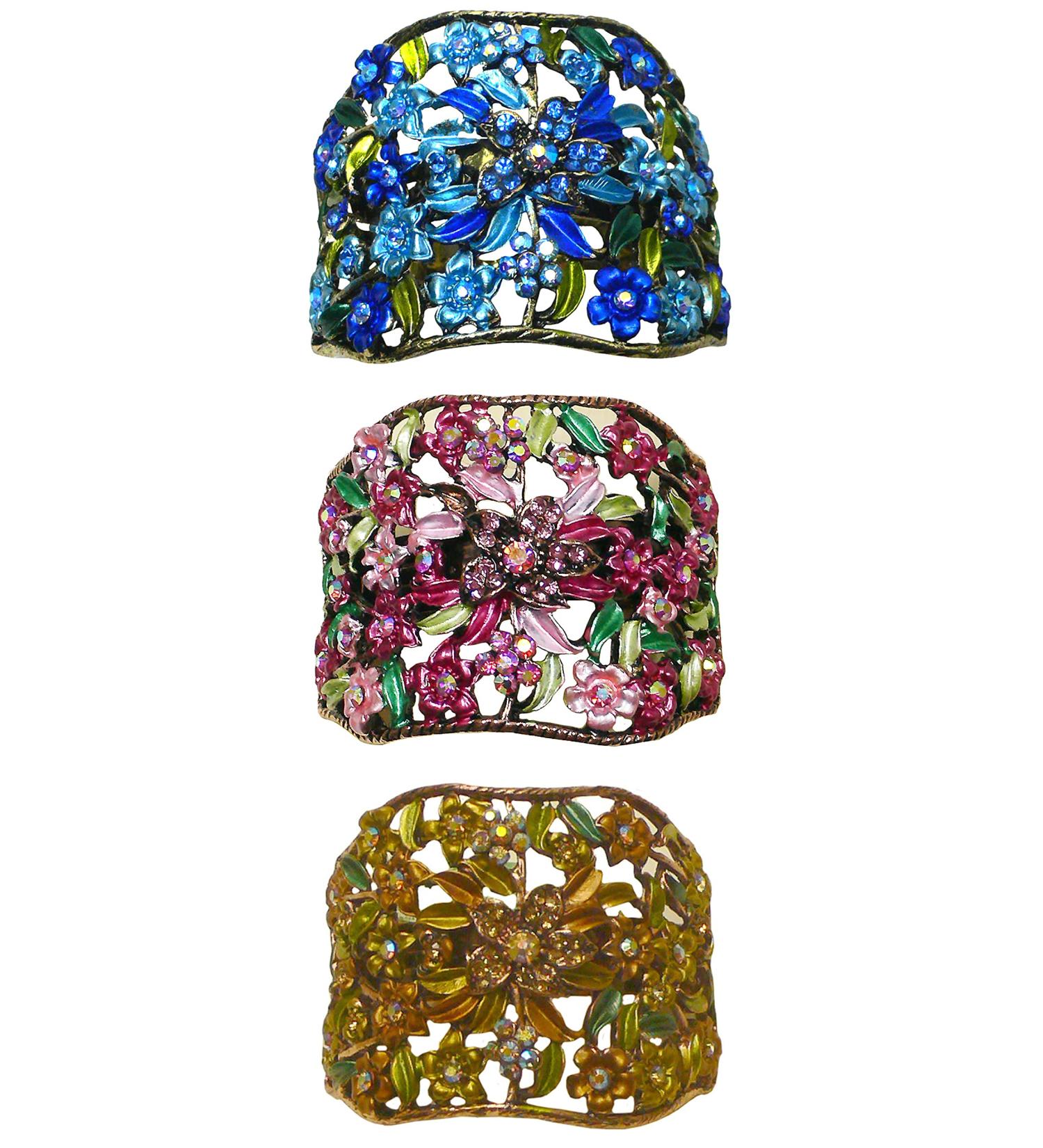 Crystal Flower Hair Holder Ponytail Barrettes Set of 3 - Blue, Rose, Brown | JCGY YY86900-5-3 - Buy Online on GoSupps.com