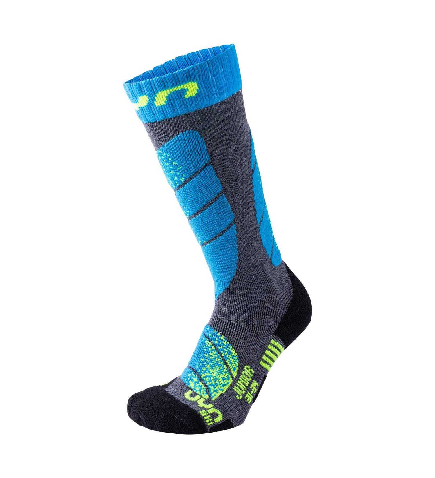 UYN Boys Junior Ski Socks 32 - Medium Grey Melange & Turquoise | Best Ski Gear for Kids - International Shipping Available - Buy Online on GoSupps.com