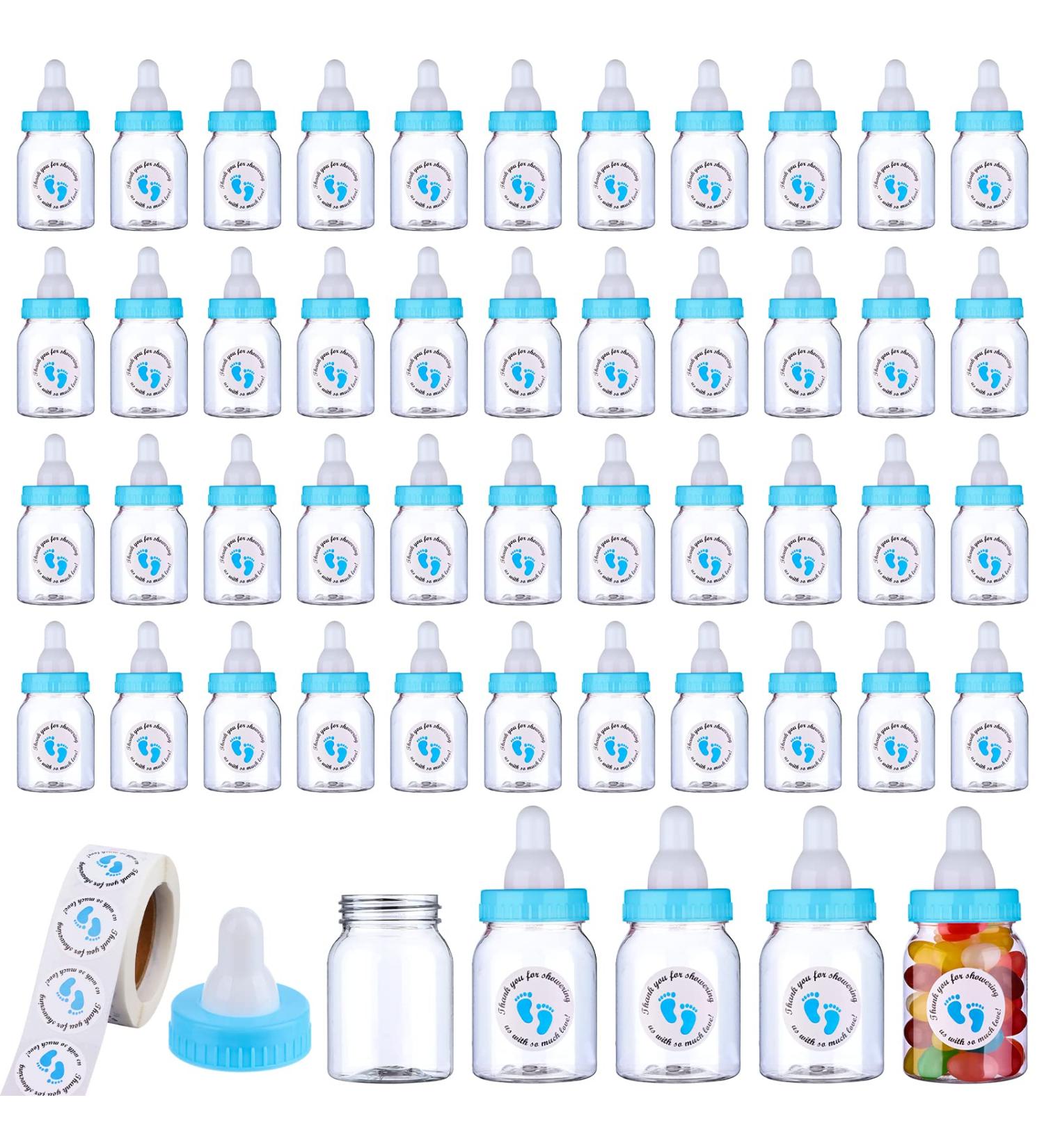 62 Pcs 3.5 Inch Baby Mini Milk Bottles with Thank You Stickers - Blue Baby Shower Favors for Boy Girl Newborn Baptism Party Decor - Buy Online on GoSupps.com