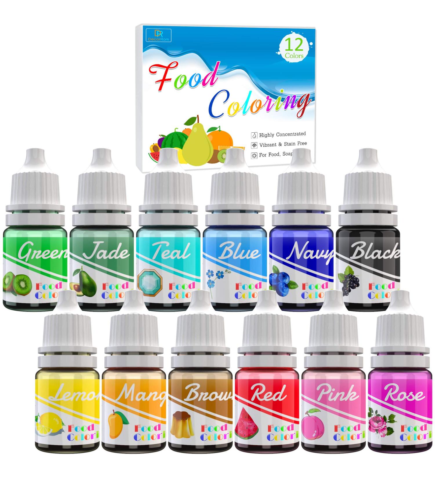 Food Colouring - 12 Colour Liquid Concentrated Icing Food Colouring Set for Baking Airbrush Cake Decorating - Vibrant Food Colour Dye for Fondant Soap Making Supplies Kit DIY Crafts - 6ml Each - Buy Online on GoSupps.com
