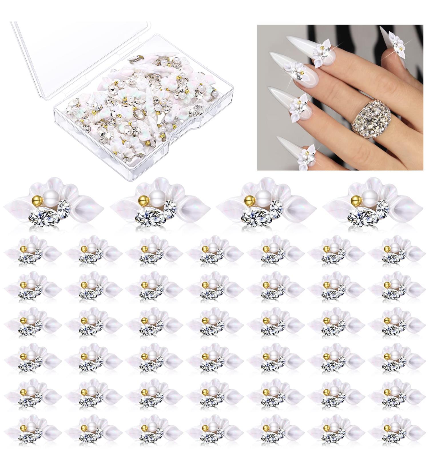 50 Pcs 3D Acrylic Fourth of July Star Nail Charms with Pearl Beads - White Flower Style - Buy Online on GoSupps.com