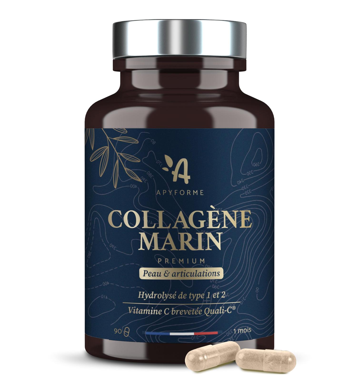 Collagene Marin + Acide Hyaluronique - Peau et Articulations - Enrichi en Vitamine C - Collag ne Premium Hydrolis Type 1 et 2-90 G lules - Fabriqu en France par Apyforme - Buy Online on GoSupps.com