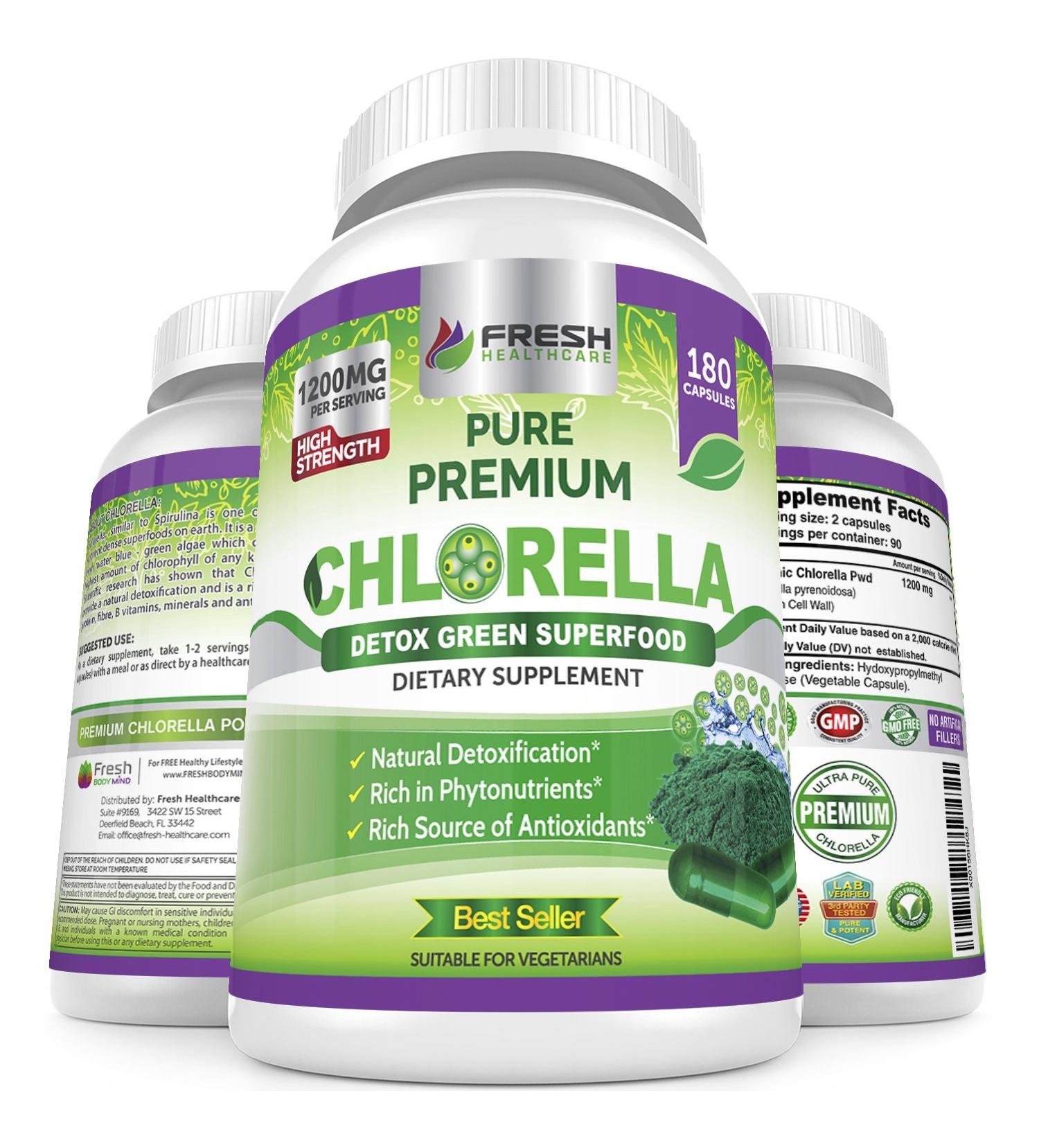 Fresh Healthcare Premium Chlorella Supplement - 1200mg Vegan Capsules for Natural Detox & Nutrition - 180 Pills with Chlorophyll, B Vitamins & Minerals - Buy Online on GoSupps.com