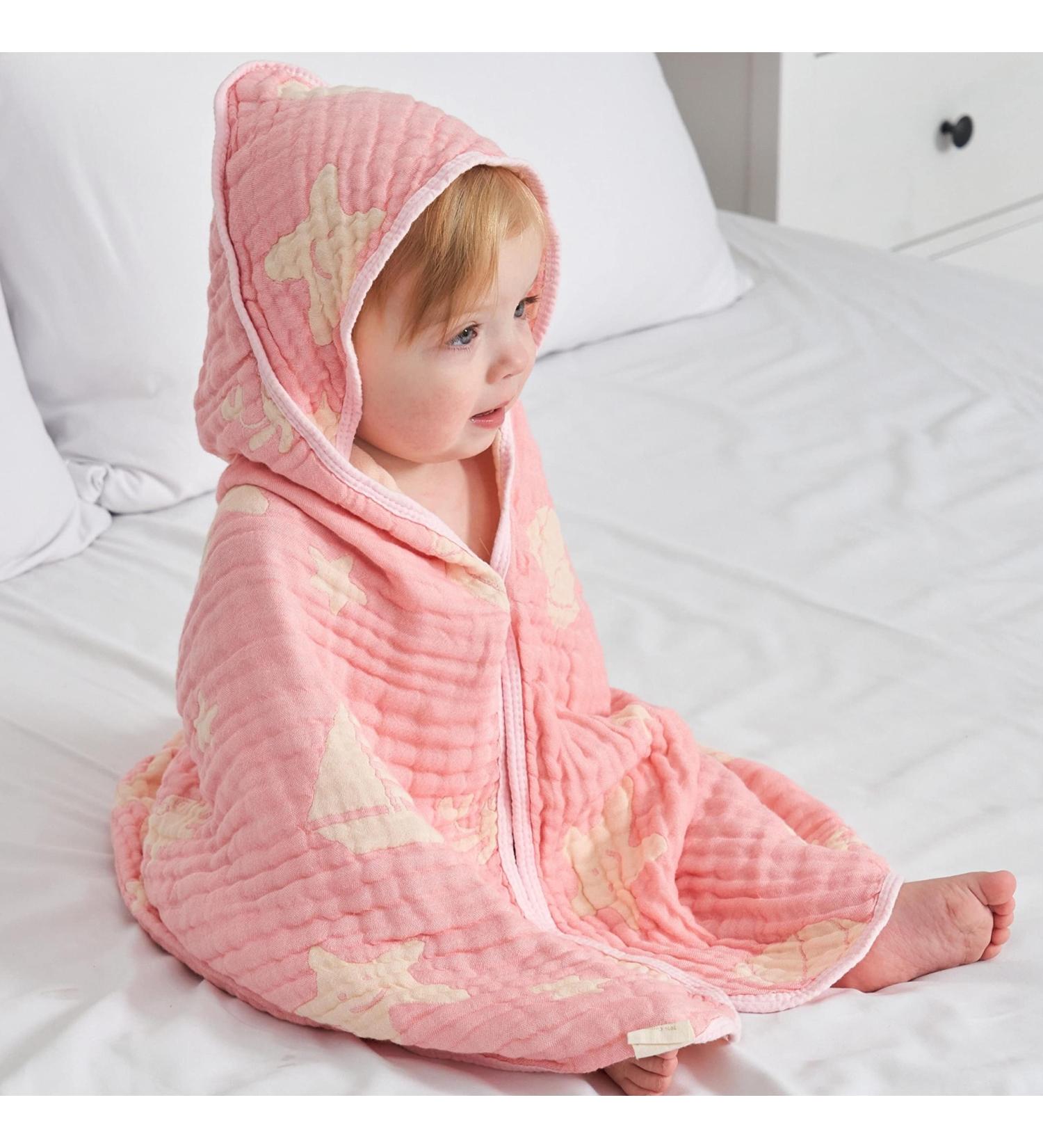 HardNok Bamboo Muslin Baby Towel Hooded 32x32 Inches - Silk Soft and Comfortable 6 Layer Large Bath Towel for Boys Girls - Ocean Pink - Buy Online on GoSupps.com