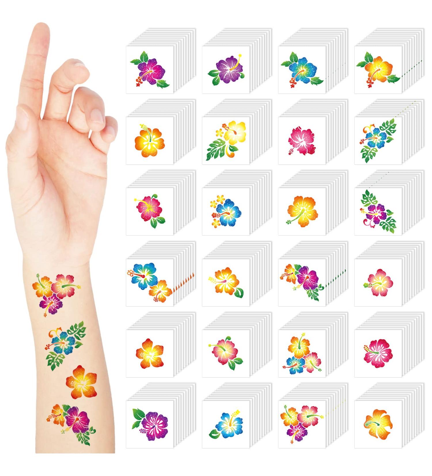 Hibiscus Glitter Tattoos - 240 Pcs Flower Temporary Stickers for Hawaiian Themed Party - Summer Tropical Face & Body Art for Women, Men, and Kids - Buy Online on GoSupps.com