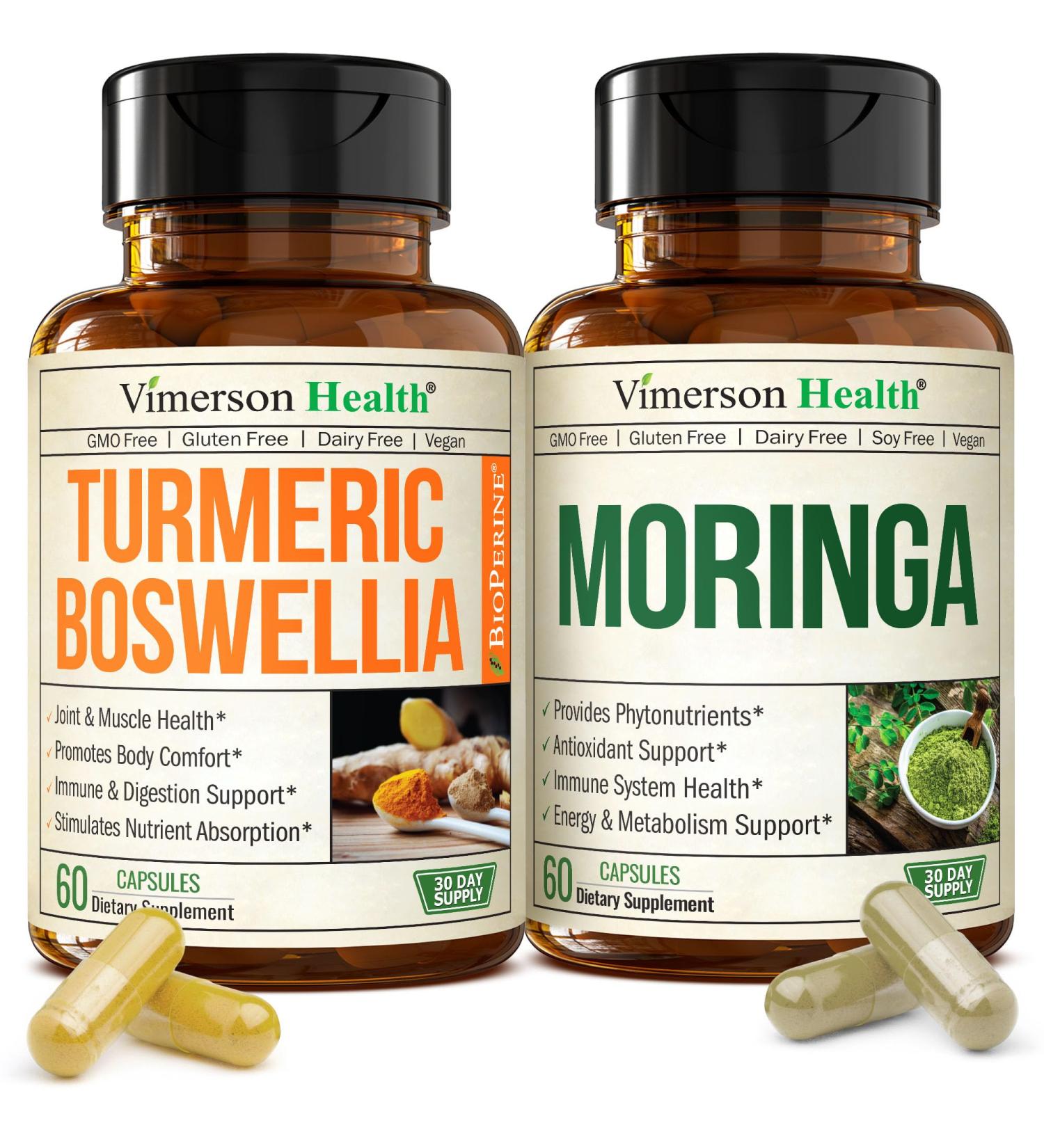 Boswellia Turmeric Curcumin Supplement + Moringa Capsules Bundle Supports Joint Health Balanced Energy & Healthy Metabolism with Ginger Root Organic Turmeric Powder and 100% Pure Moringa Powder - Buy Online on GoSupps.com