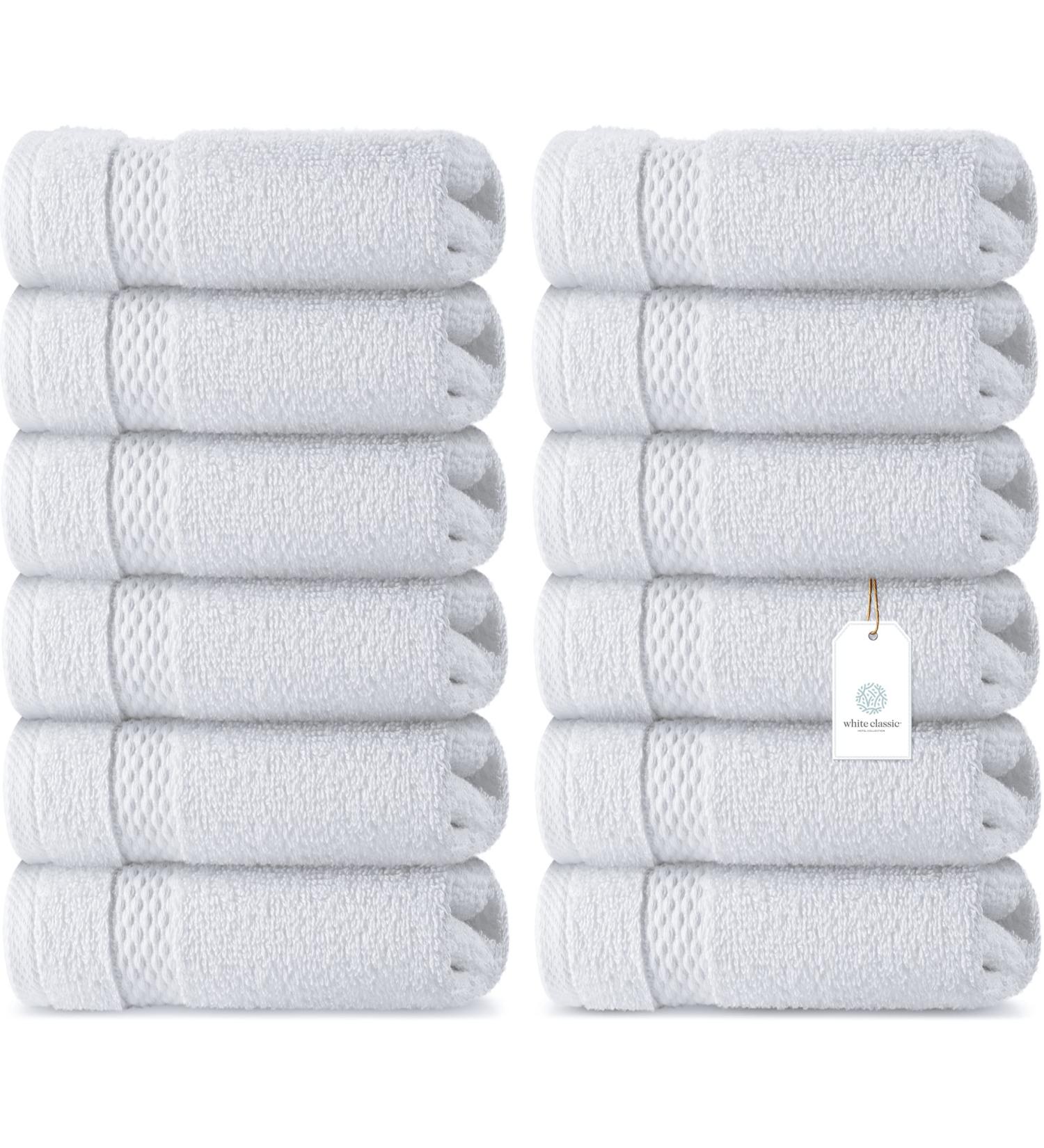 White Classic Luxury Cotton Washcloths - 12 Pack - Hotel Spa Face Towel - Buy Online on GoSupps.com