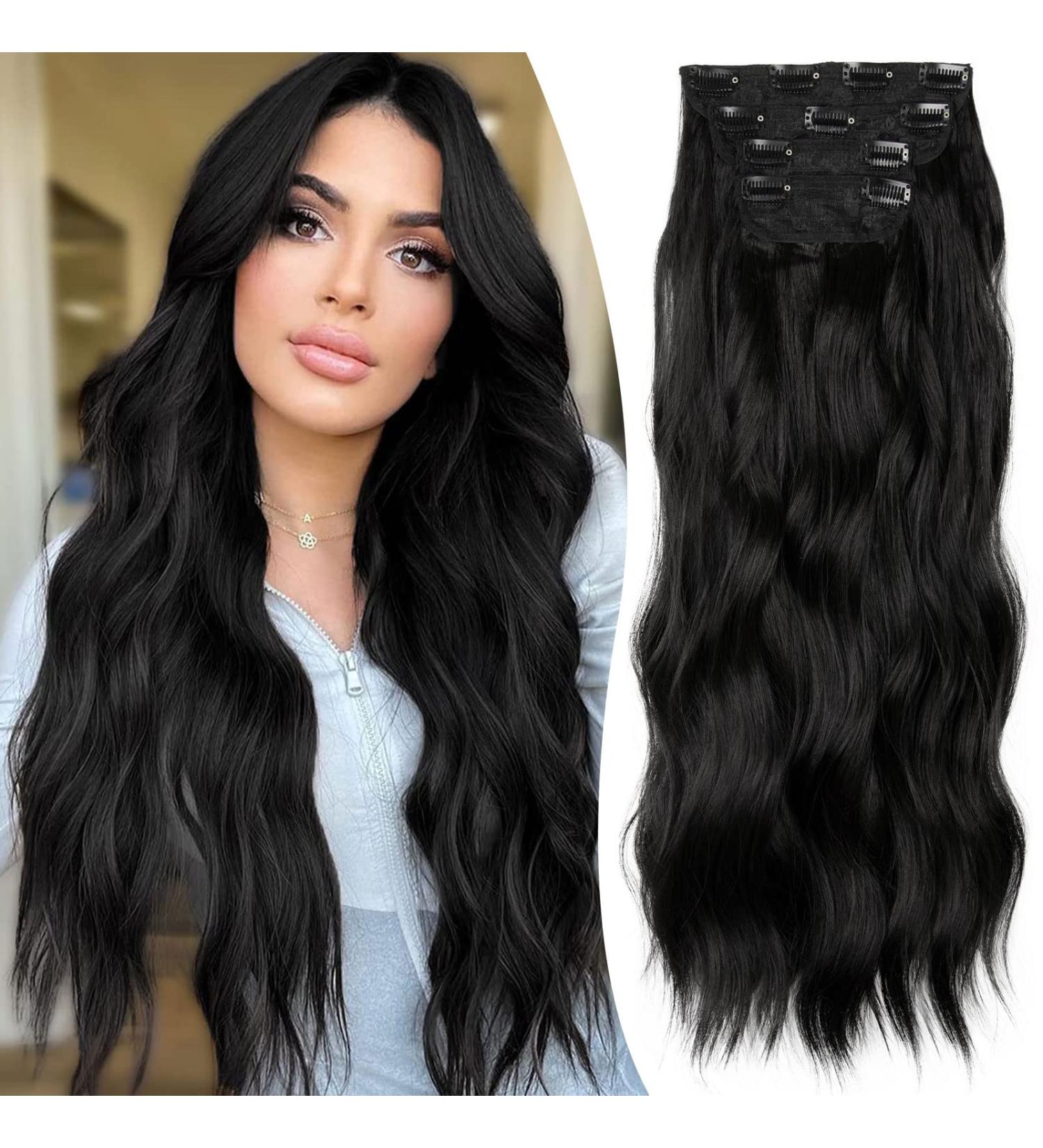 SHUOPUS Long Curly Wavy Black Hair Extensions - 24in Clip in Synthetic Hairpieces for Women - Soft Thick Hair - 4PCS Double Weft Full Head - Buy Online on GoSupps.com