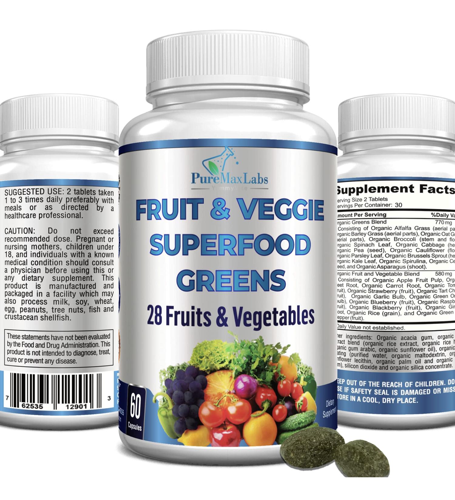 Fruit and Veggie Superfood Greens - 28 Fruits & Vegetables, Antioxidant-Rich Blend with Alfalfa, Barley Grass, Spirulina, Beet Root, Tart Cherry, Blackberry - 60 Tablets - Buy Online on GoSupps.com