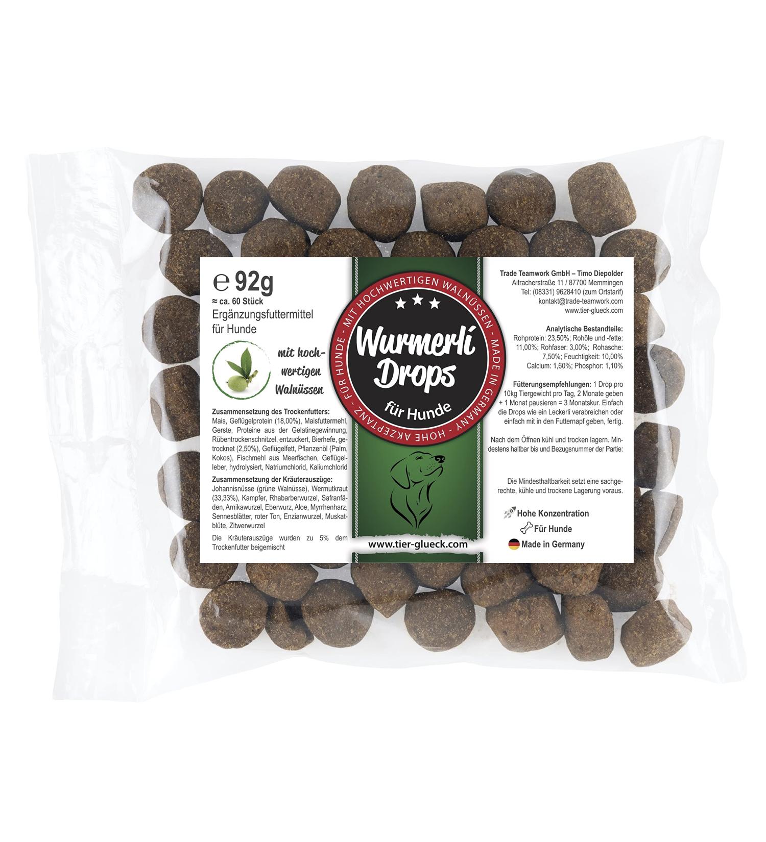 Trade Teamwork Wurmerli - Herbal Drops & Treats for Dogs | 92g - Made in Germany | Natural Wormwood Aloe & Green Walnut - International Shipping Available - Buy Online on GoSupps.com