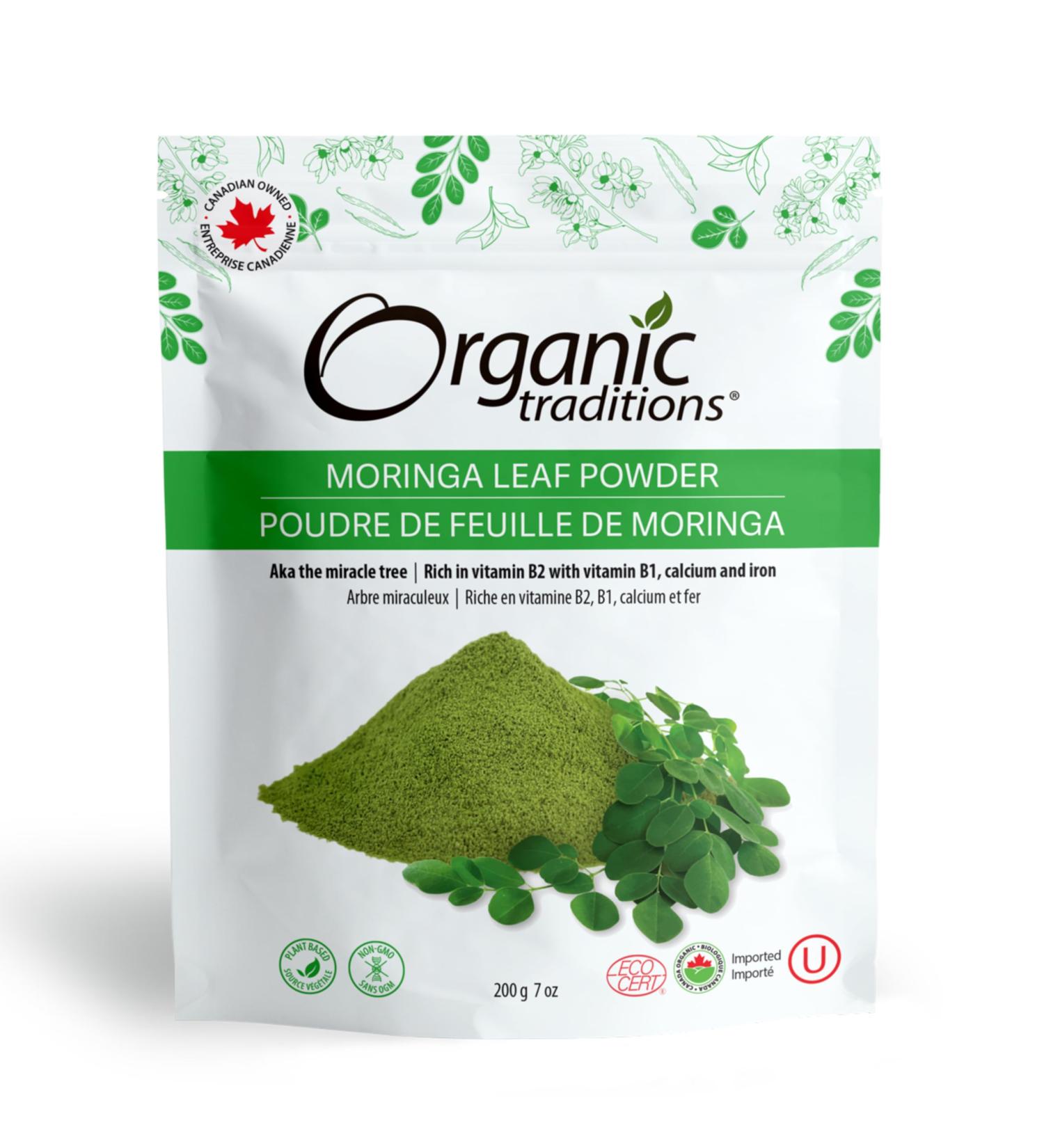Organic Traditions Organic Moringa Leaf Extract Vegan Non-GMO Organic Superfood Moringa Powder 7oz (200g) Bag 40 servings per bag