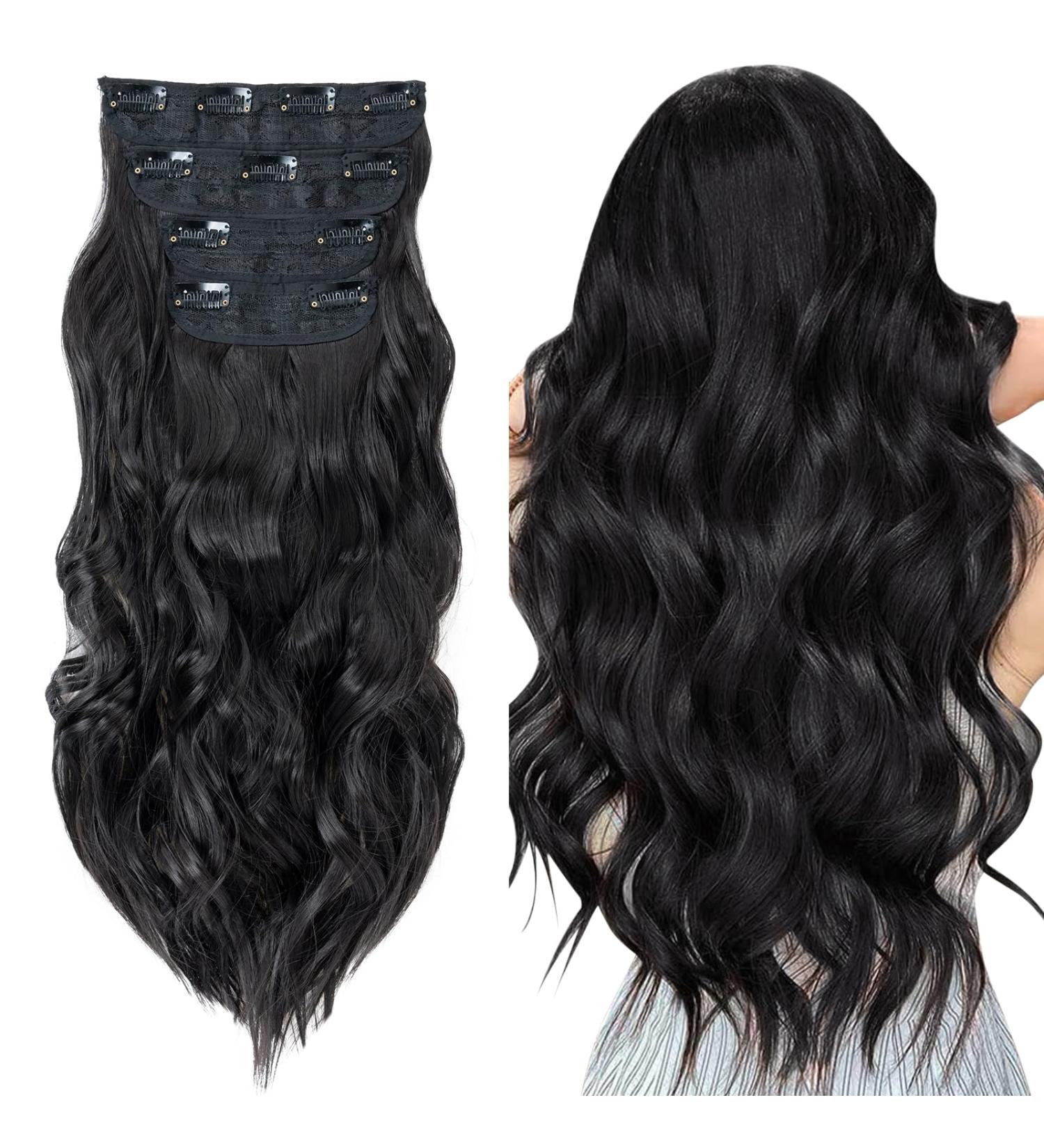 Curly Clip in Hair Extensions 22 Inches - 4PCS/11Clips - Synthetic Fiber - Full Head Wavy Hair Pieces - Curly #Black Brown - Women's Hair Extensions - Buy Online on GoSupps.com