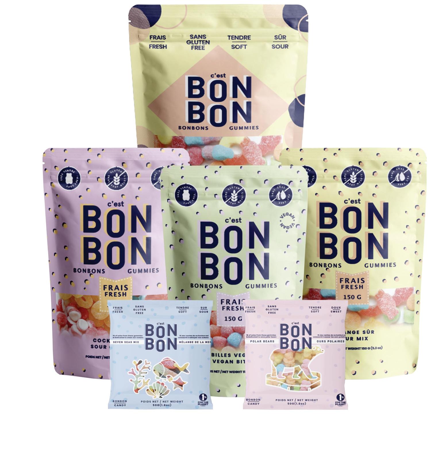 c'est BON BON - Irresistible Sour Gummy Assortment - Gluten-Free Treats for Sharing - A Mix of Sour Flavors and Freshness - Quality and Variety - Crafted for all Sweets Lovers - Pack of 6 Bags - Buy Online on GoSupps.com