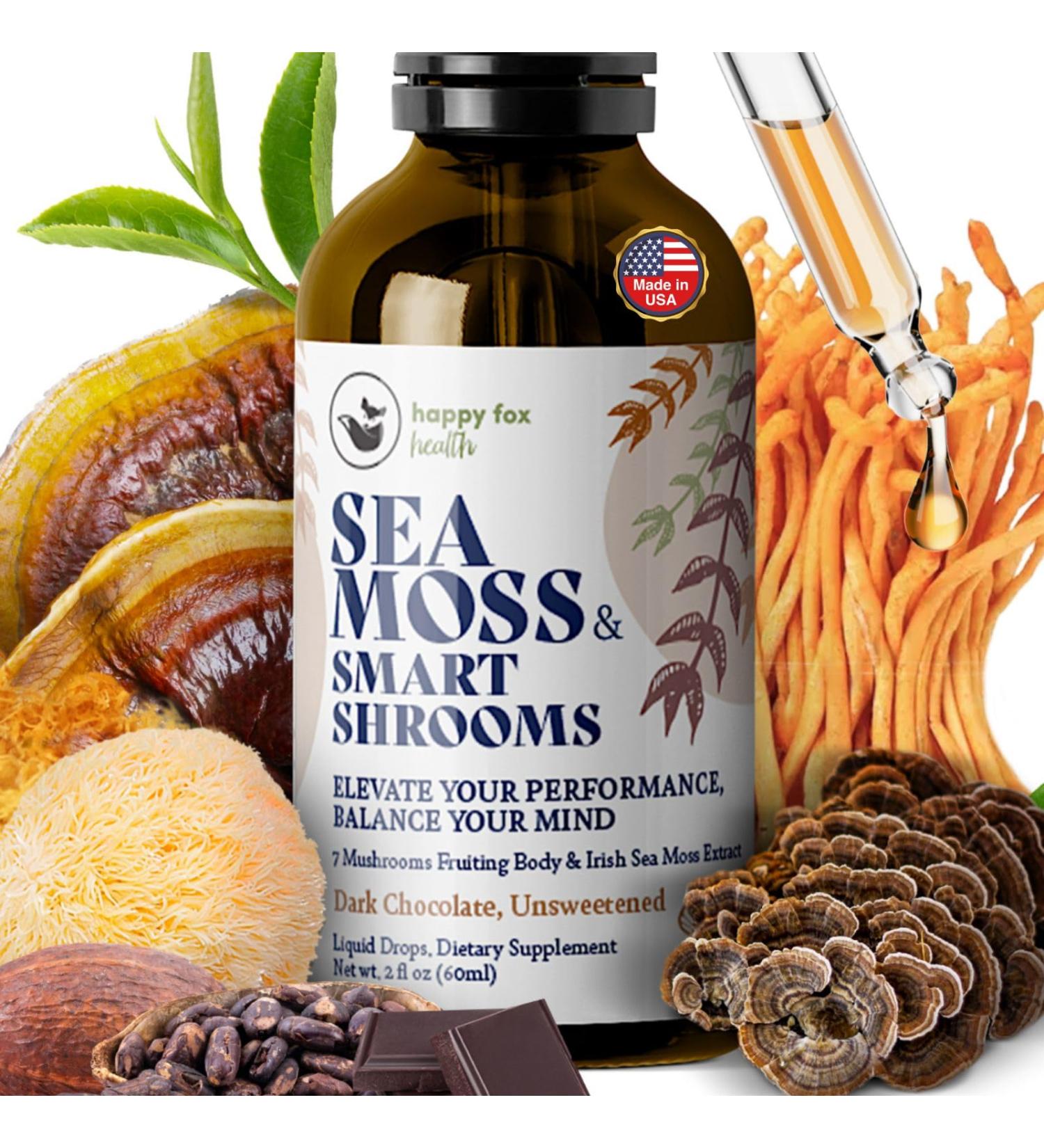 HAPPY FOX Irish Sea Moss Liquid Drops & Mushroom Tincture - Seamoss with 7 Adaptogenic Mushroom Extracts for Cognitive Support & Gut Health Mushroom Coffee Elixir Dark Chocolate Flavor Dark Chocolate Unsweetened Liquid D  - Buy Online on GoSupps.com