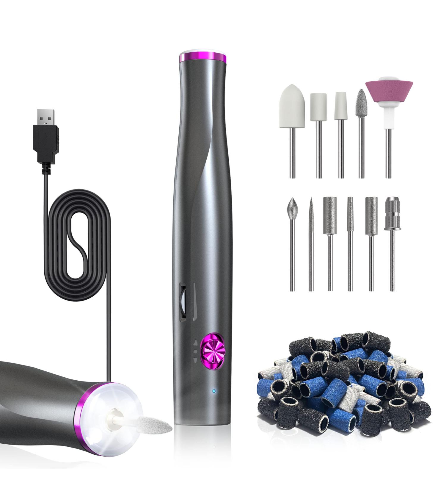 ZoCCee Electric Nail Drill for Acrylic Nails | LED Light, USB Portable Manicure Pedicure Kit | 11 Bits & 36 Sanding Bands | Non-cordless Gray - Buy Online on GoSupps.com