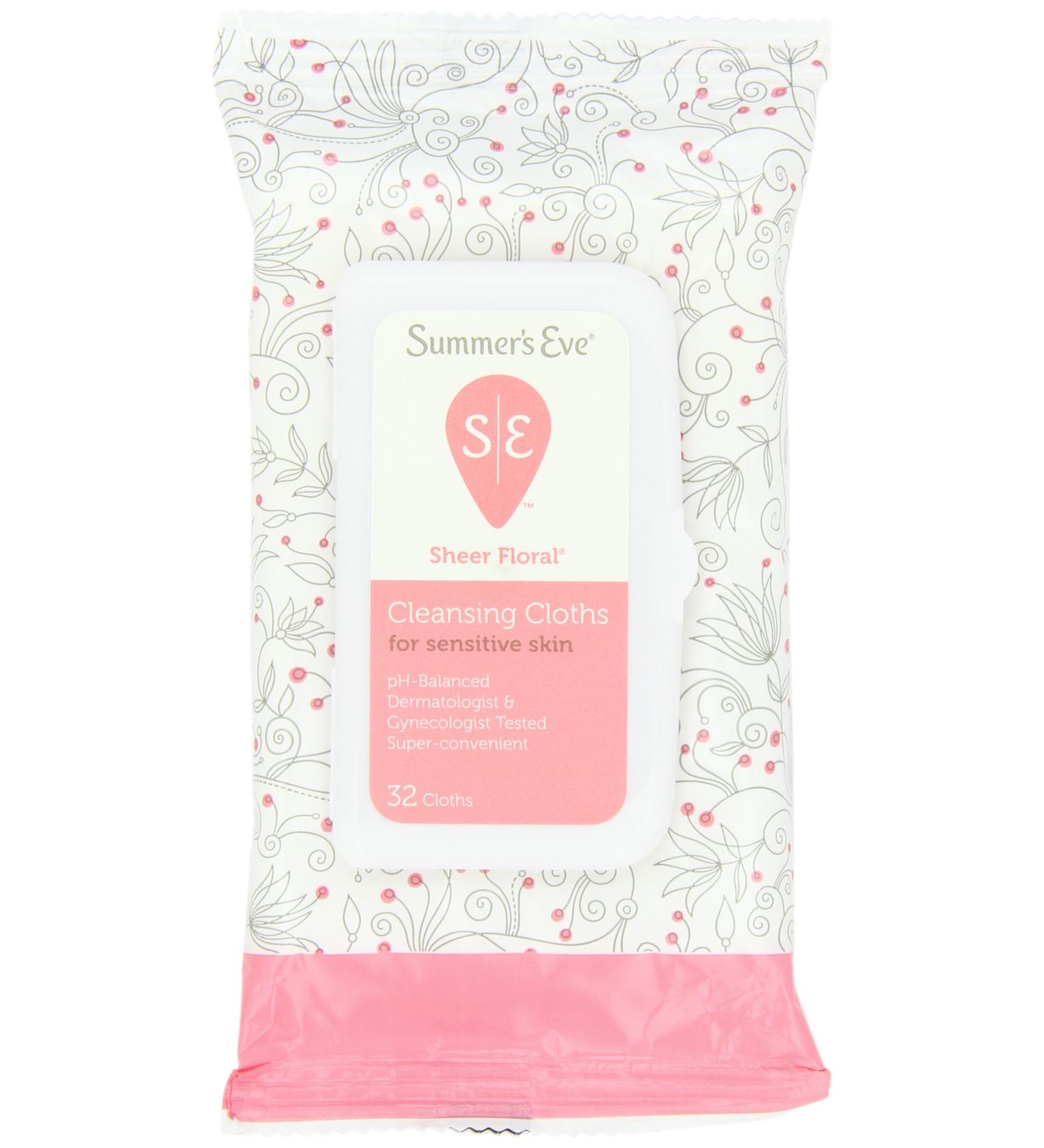 Summer's Eve Cleansing Cloths for Sensitive Skin - PH-Balanced - Help Wipe Away Odor-Causing Bacteria - Doctor Tested - Sheer Floral Scent - 32 Count Floral Fresh 32 Count (Pack of 1)