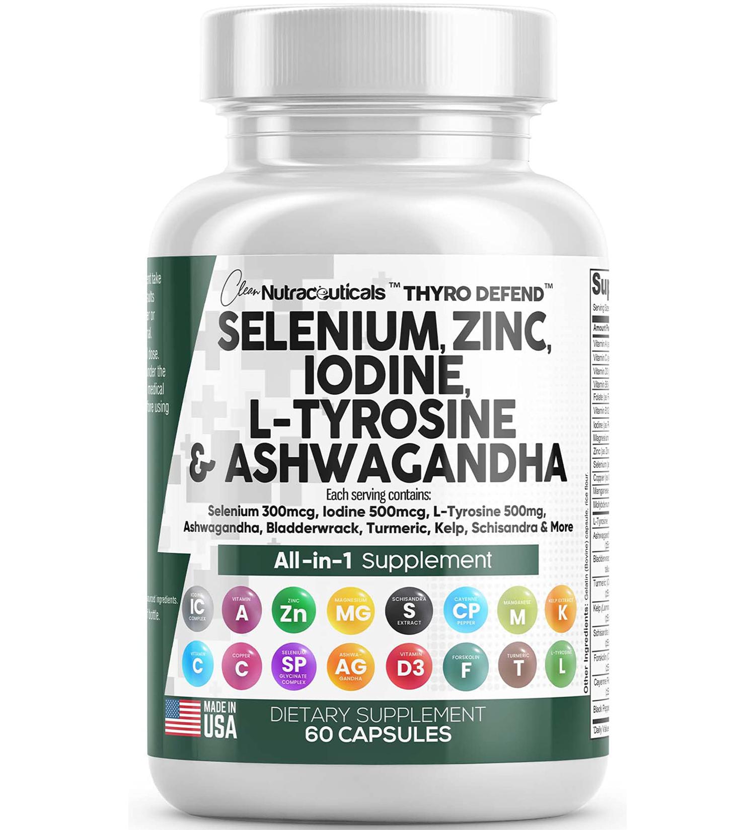 Selenium 300mcg Zinc 50mg Iodine 500mcg Thyroid Support Supplement with Ashwagandha, Bladderwrack, Turmeric & More - 60 Caps - Made in USA - Buy Online on GoSupps.com