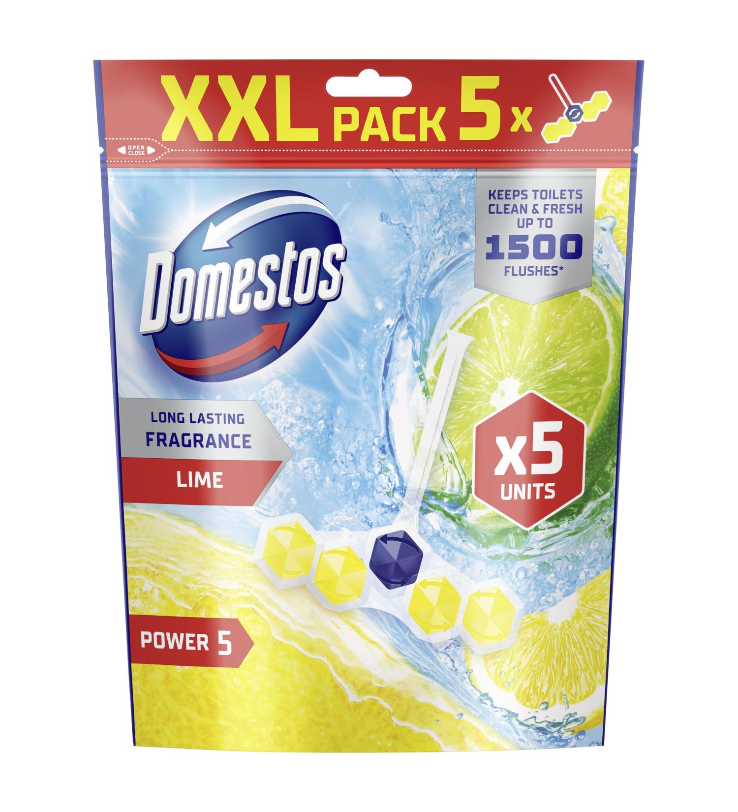 Domestos Power 5 Lime Toilet Rim Blocks toilet freshener with a long-lasting fragrance clean and freshen for up to 300 flushes 5x 50 g - Buy Online on GoSupps.com