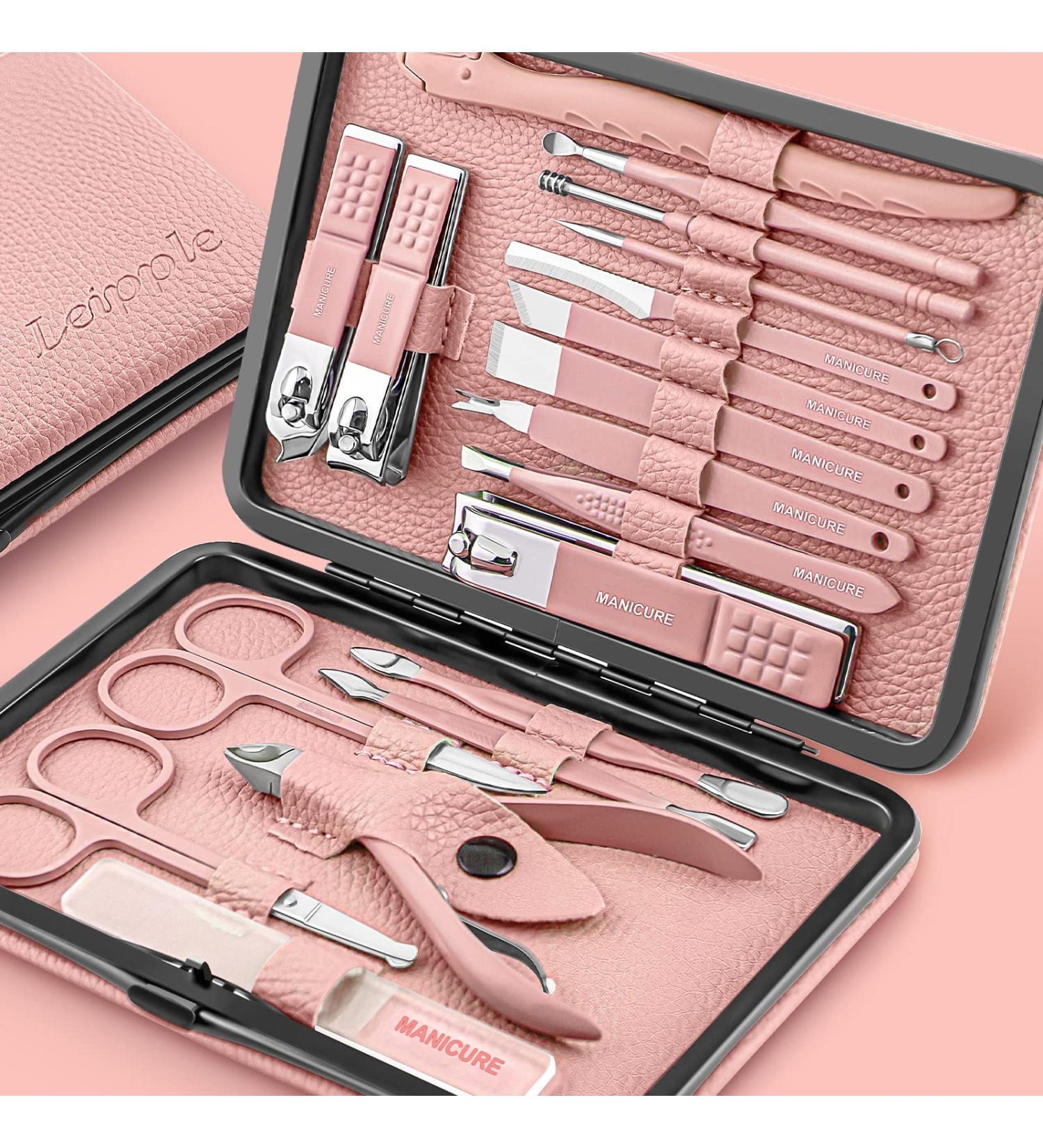 Professional Manicure Pedicure Kit - 18 pcs Nail Care Tools in Luxurious Travel Case (Pink) - Buy Online on GoSupps.com