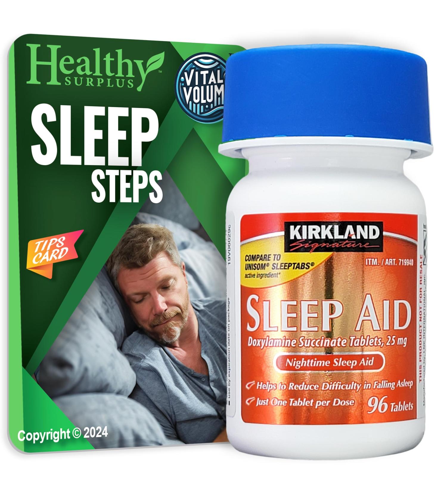 Kirkland Signature Sleep Aid Bundle - Doxylamine Succinate 25 mg 96 Tablets & Vital Volumes Sleep Tips Card | International Shipping Available - Buy Online on GoSupps.com
