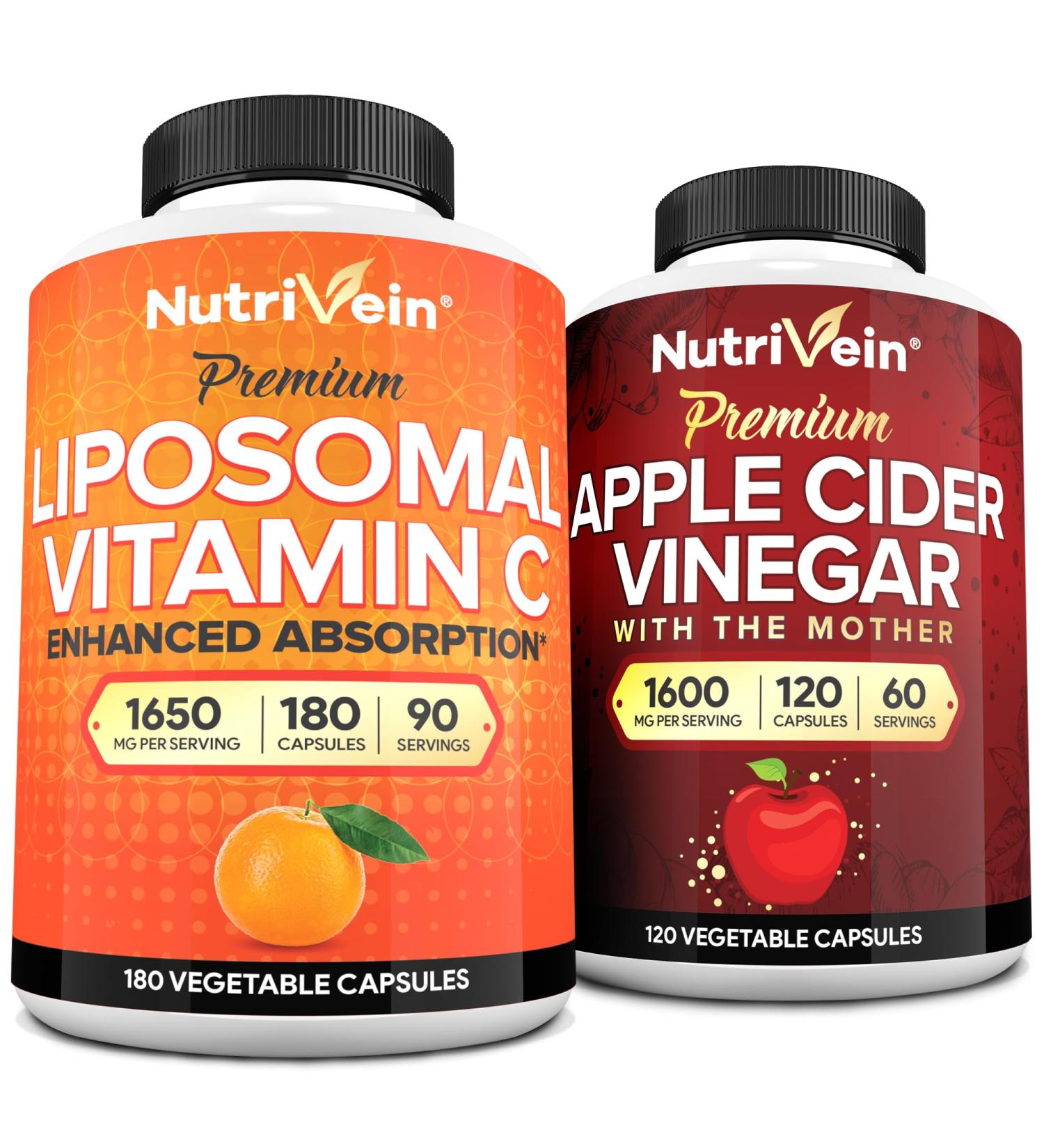 Nutrivein Premium Apple Cider Vinegar Capsules & Liposomal Vitamin C Supplement Bundle: High-Absorption Vitamin C Capsules & Apple Cider Vinegar Supplements Bundle for Immune Defenses & Gut Health - Buy Online on GoSupps.com
