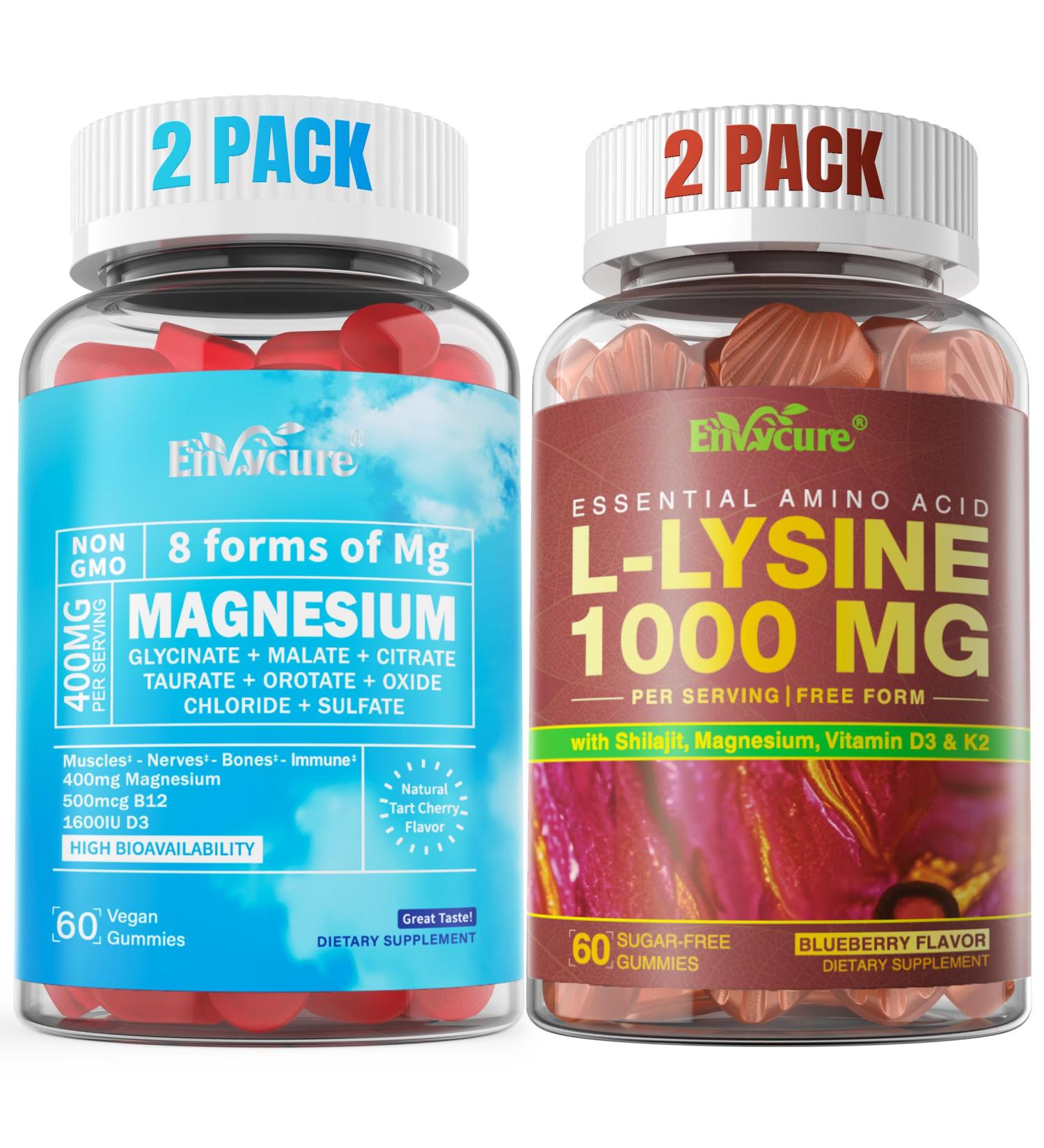2Pack Magnesium Gummies 400mg + 2Pack Sugar Free L-Lysine Gummies 1000mg - Buy Online on GoSupps.com