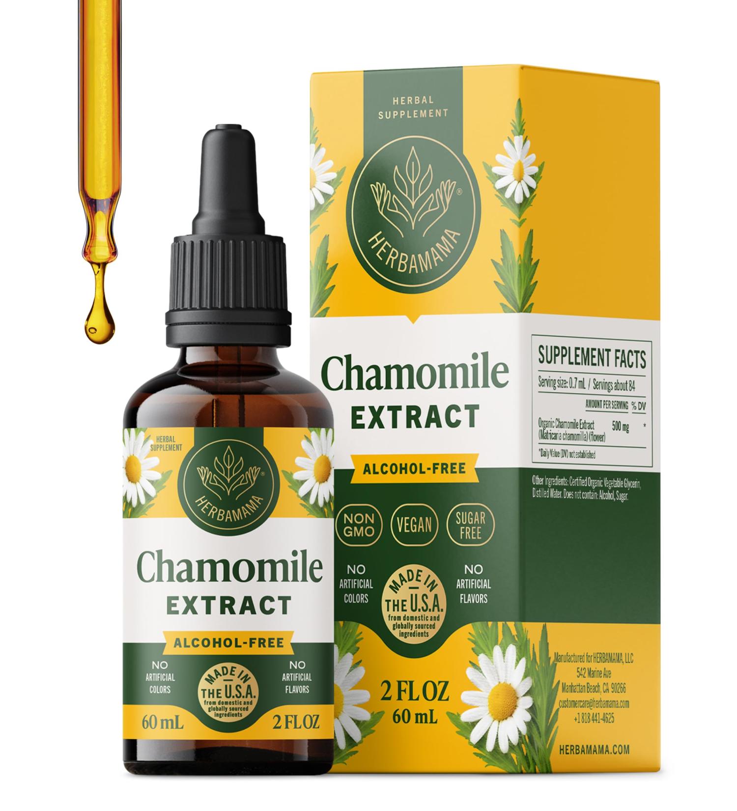 HERBAMAMA Chamomile Tincture - Vegan Relaxation & Calm Support with Chamomile Flower Extract Drops - Non-GMO Alcohol & Sugar-Free Liquid Calming Supplement 28-Day Supply 2 Fl Oz (Pack of 1) - Buy Online on GoSupps.com