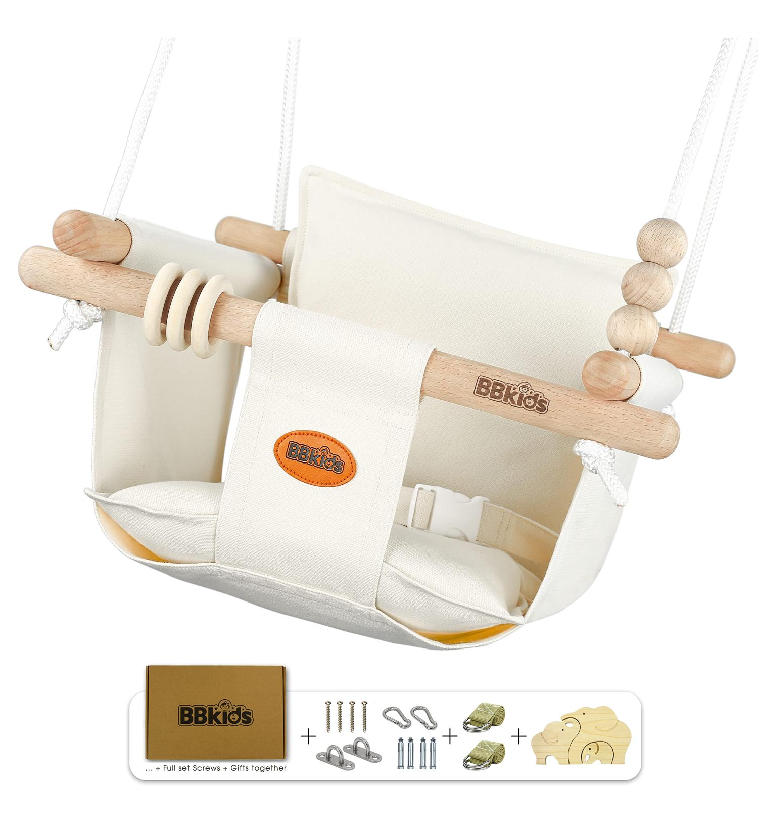 BBkids Canvas Baby Swing with Safety Belt - Indoor/Outdoor Wooden Hammock Hanging Seat Chair for Kids, Cream - Buy Online on GoSupps.com