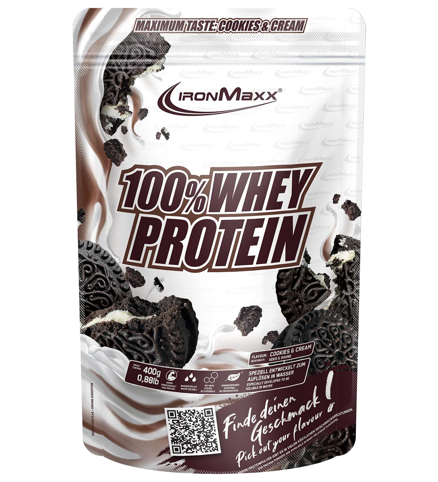 IronMaxx 100% Whey Protein Powder - Cookies and Cream 400g Bag | Whey Protein Powder Reduced in Sugar and Water Soluble | Many Different Flavors - Buy Online on GoSupps.com
