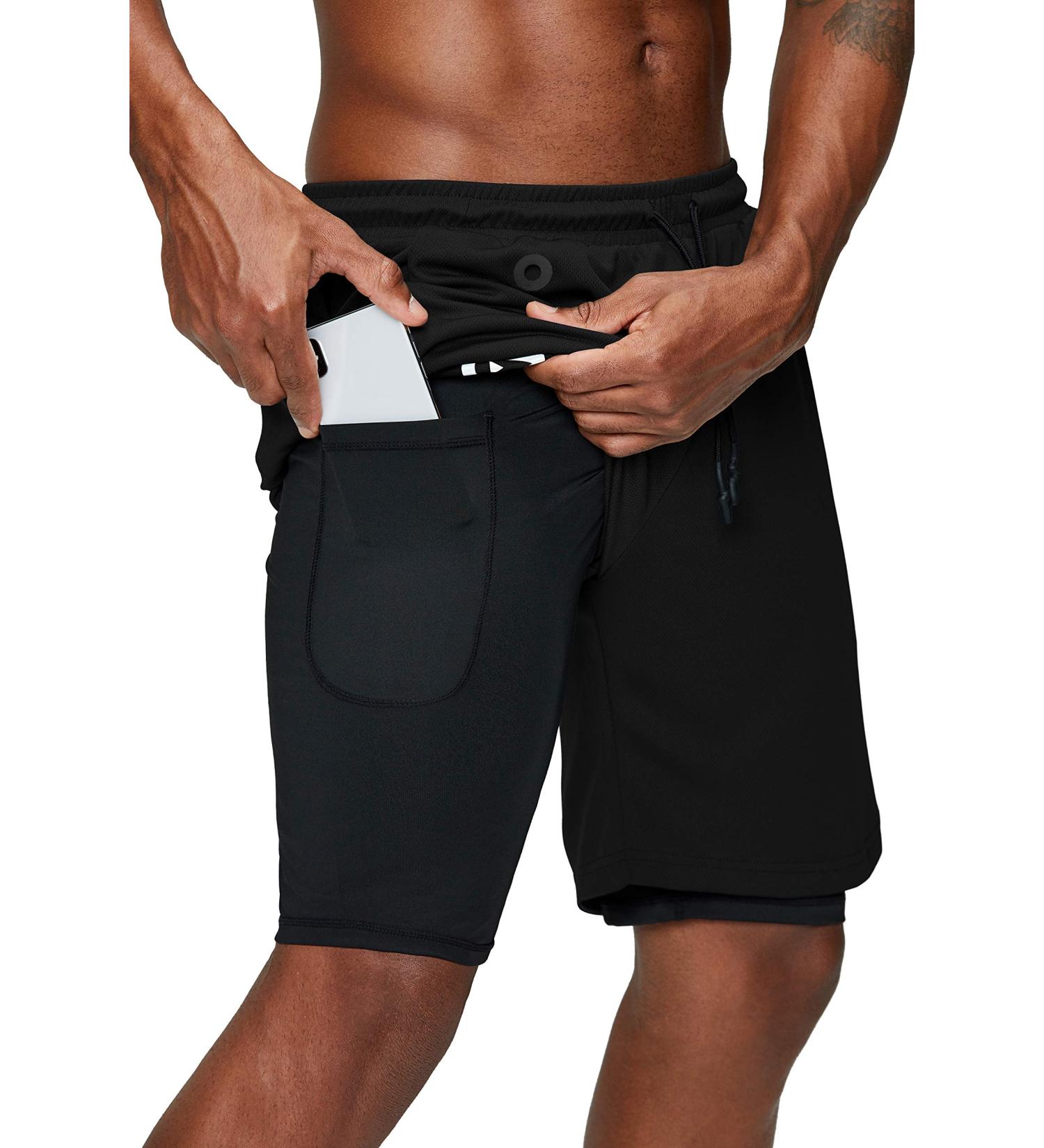 Pinkbomb Men's 2 in 1 Running Shorts - Quick Dry Gym Workout Shorts with Phone Pocket | Black - Large - Buy Online on GoSupps.com