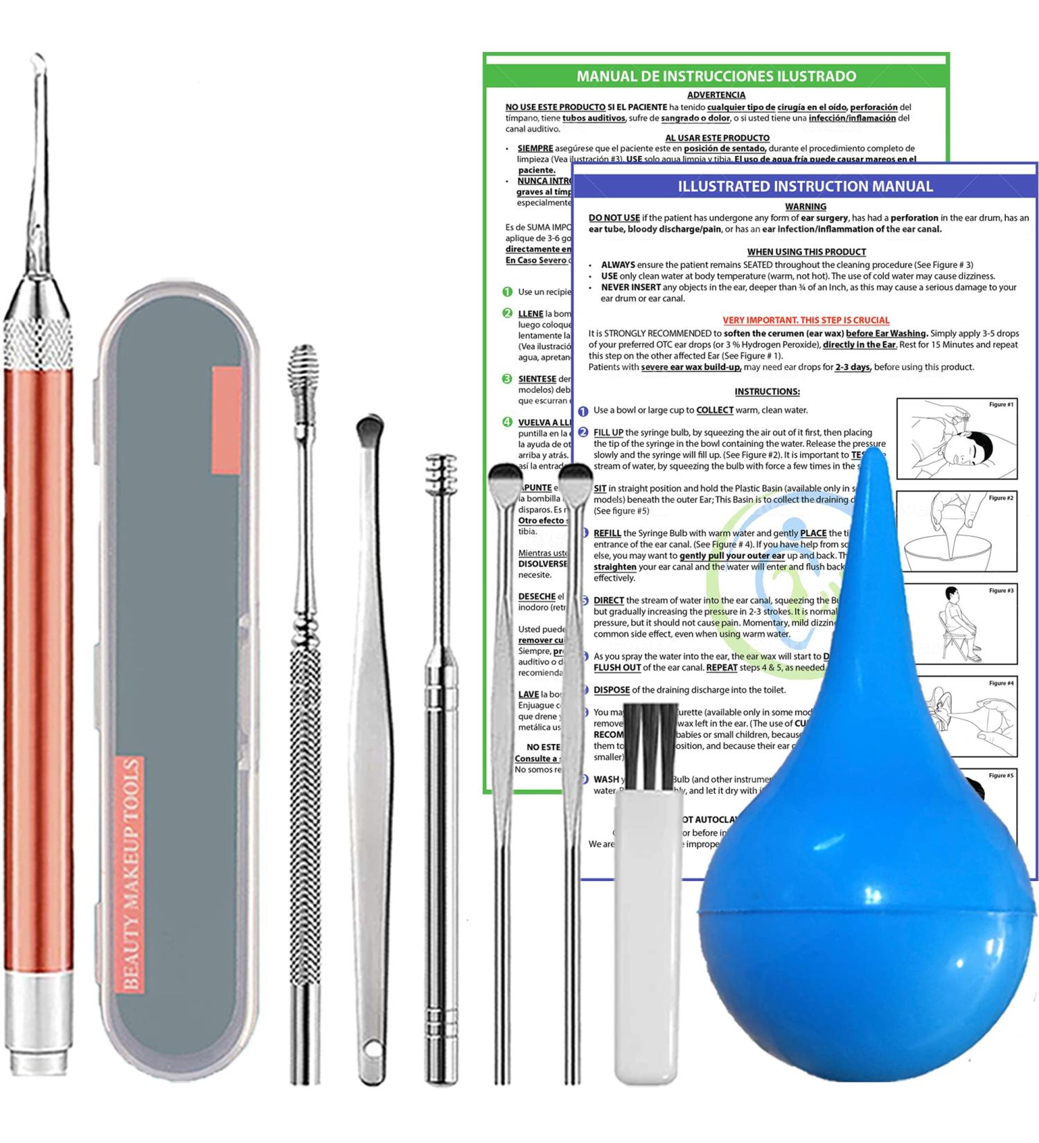 EARPROS Ear Wax Removal Kit - 7 Premium Tools, Bulb Syringe, Curette Set, Instructions - Ear Cleaning Irrigation - English & Spanish - Buy Online on GoSupps.com