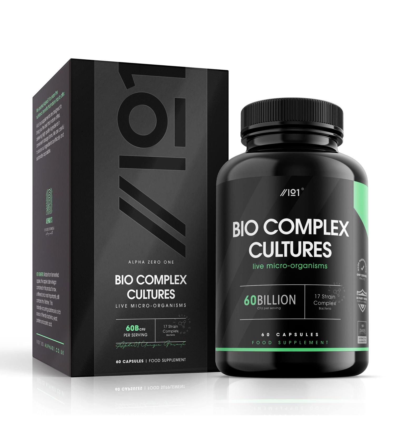 BioCultures Complex - 60 Billion CFU Probiotic Supplement for Gut Health - 17 Live Strains with Lactobacillus Acidophilus & Bifidobacterium - 60 Capsules - Buy Online on GoSupps.com