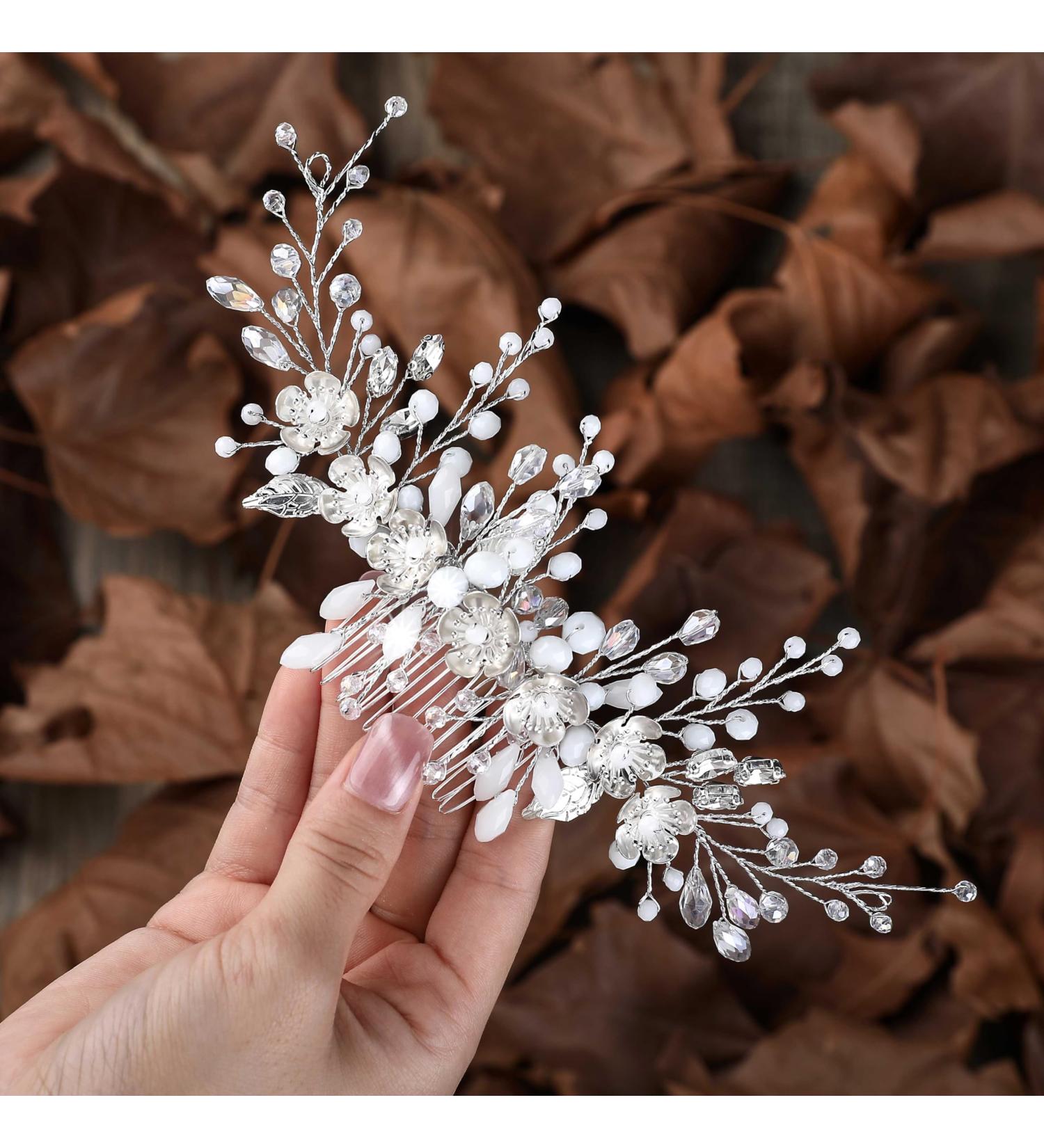 Fashion Band Hair Comb with Flower - Silver Bridal Jewelry with Crystals & Leaf Accents | Elegant Hair Accessories for Women & Girls - Buy Online on GoSupps.com