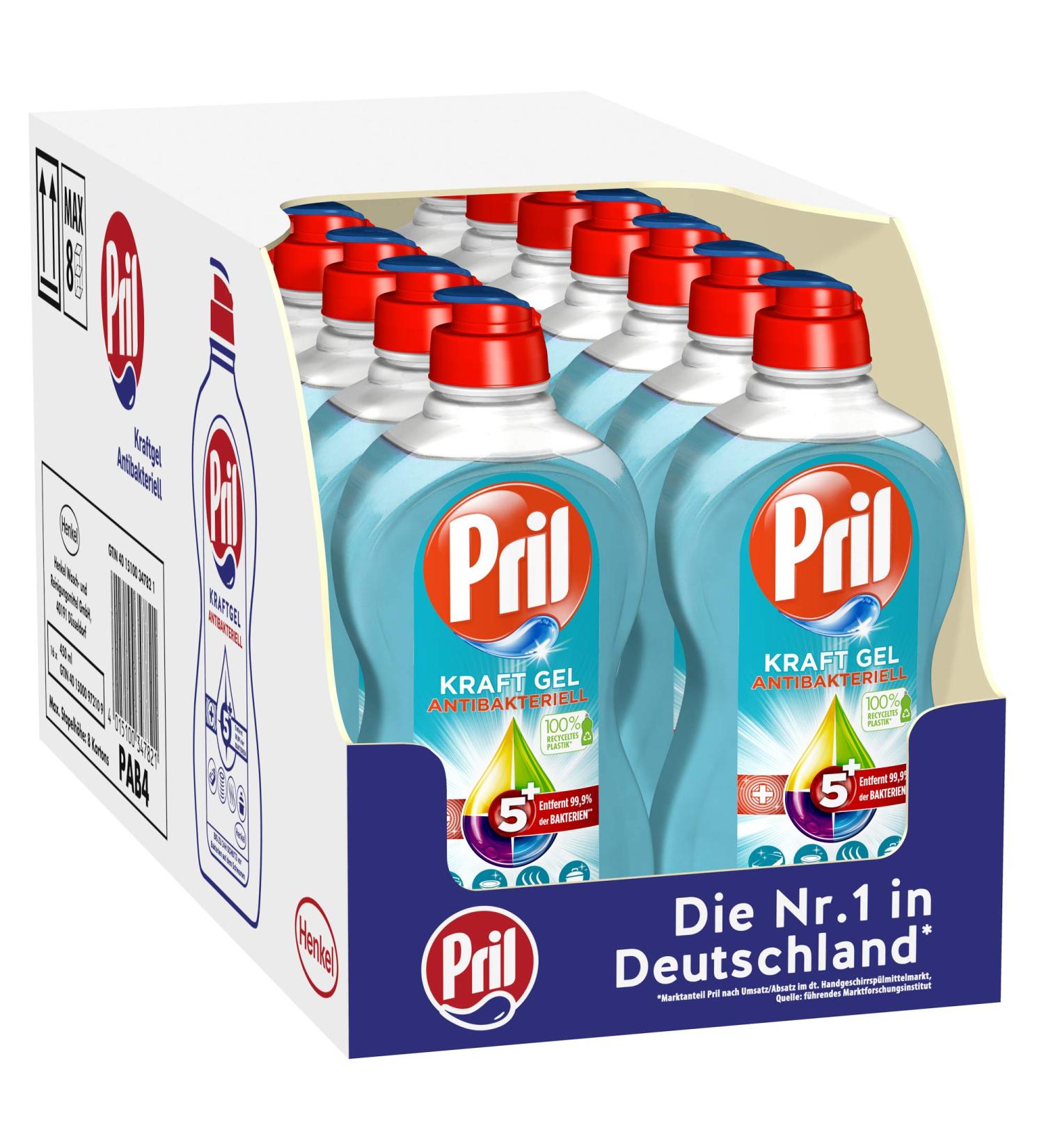Pril 5+ Power Gel Antibacterial Hand Dishwashing Detergent - 16 Pack (450 ml Each) | 99.9% Bacteria Removal | International Shipping Available - Buy Online on GoSupps.com
