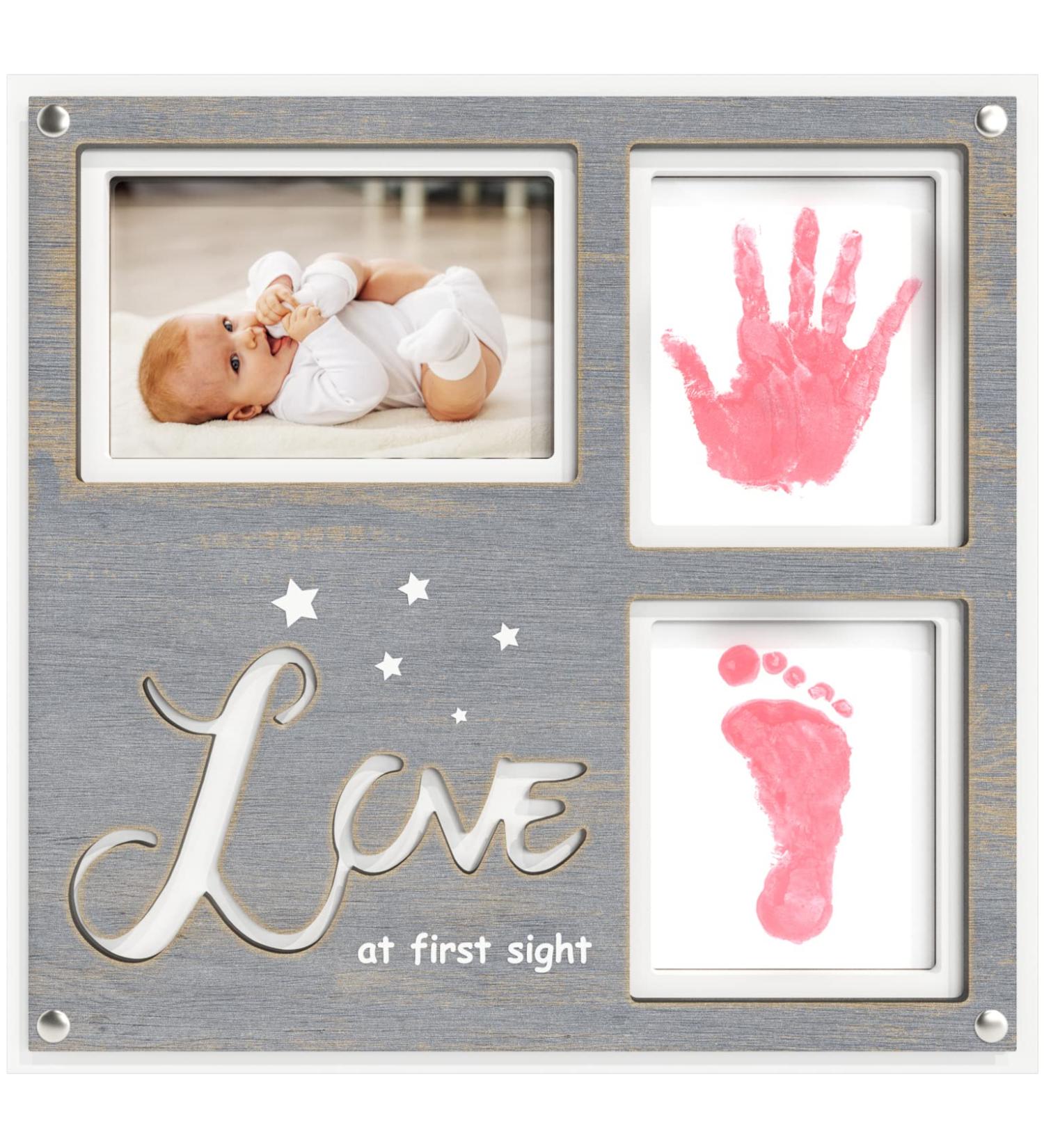 Dino Premium Baby Handprint and Footprint Kit | White/Grey Wood Picture Frame with Clean Touch Ink Pad | Baby Shower Gift and Registry Essential - Buy Online on GoSupps.com