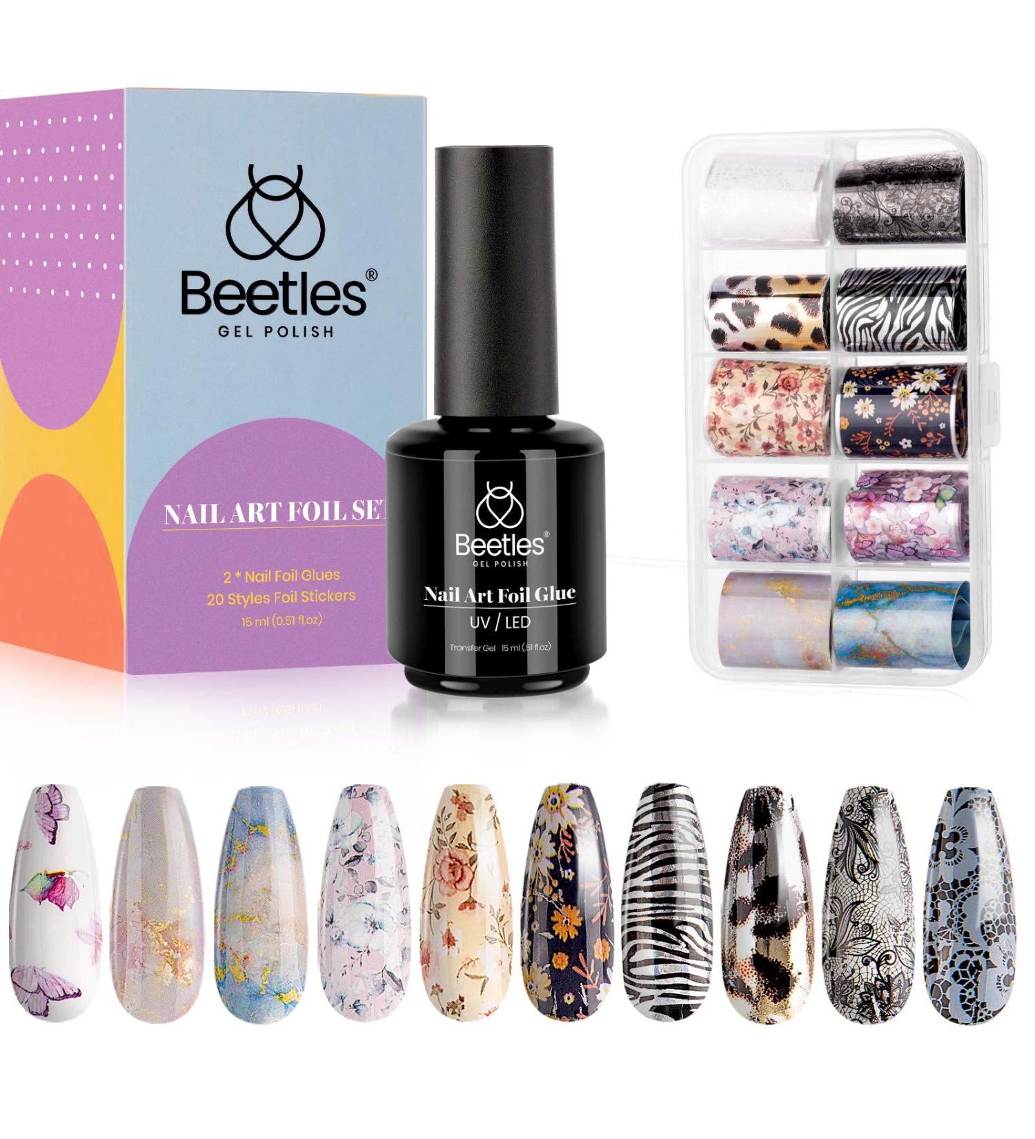 Beetles Nail Art Foil Glue Gel Set with 10PCS Animals Flowers Butterfly Stickers - 15ML Transfer Glues for Manicure DIY - Nail Dryer Curing Lamp Required - Soak Off - Buy Online on GoSupps.com