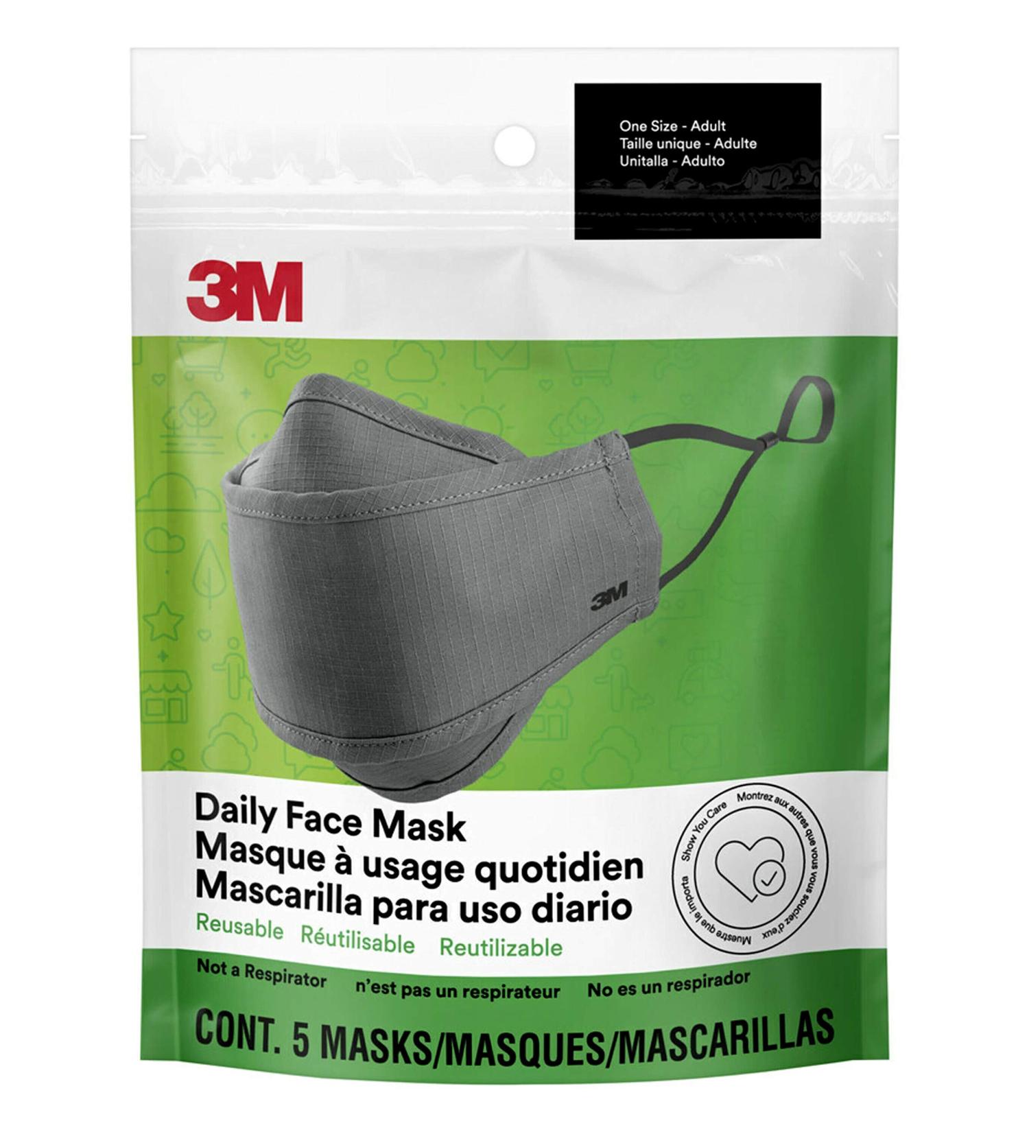 3M Daily Face Mask 5 Pack Gray - Reusable Washable Lightweight Cotton Fabric with Adjustable Ear Loops - Buy Online on GoSupps.com