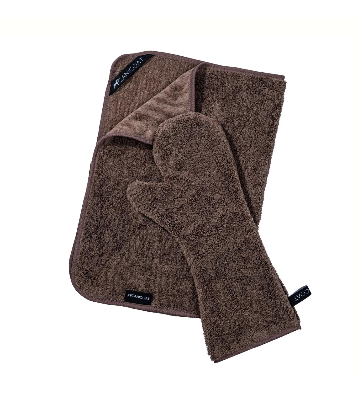 Canicoat Dog Towel SECCARE Set with Glove - Oeko-Tex Certified Fast Drying Microfiber Suction-Strong S/M Brown - Buy Online on GoSupps.com