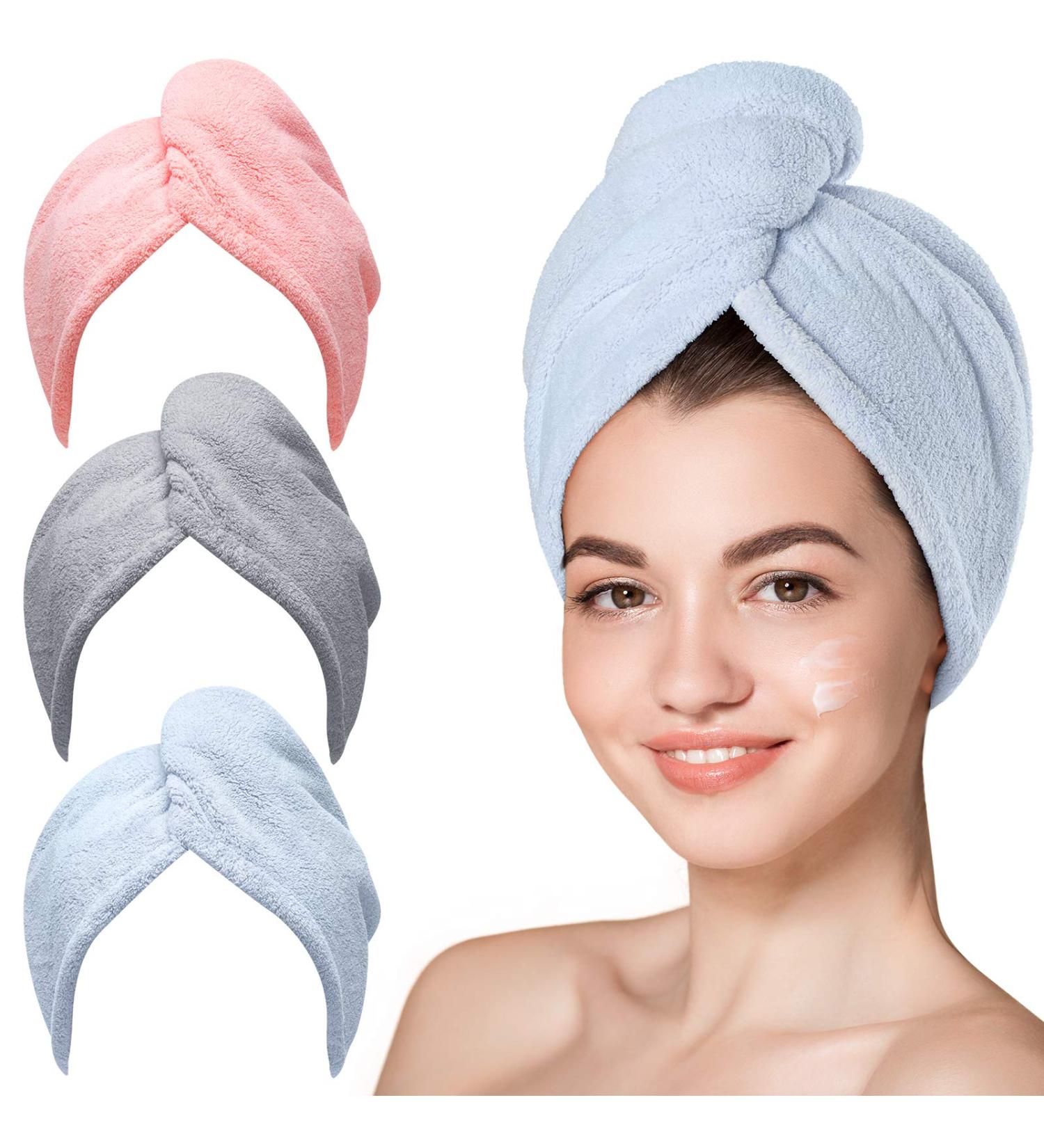 Hicober Microfiber Hair Towel 3 Pack - Hair Turbans for Wet Hair - Drying Wrap Towels for Curly Hair - Anti Frizz - Blue/Grey/Pink - Buy Online on GoSupps.com