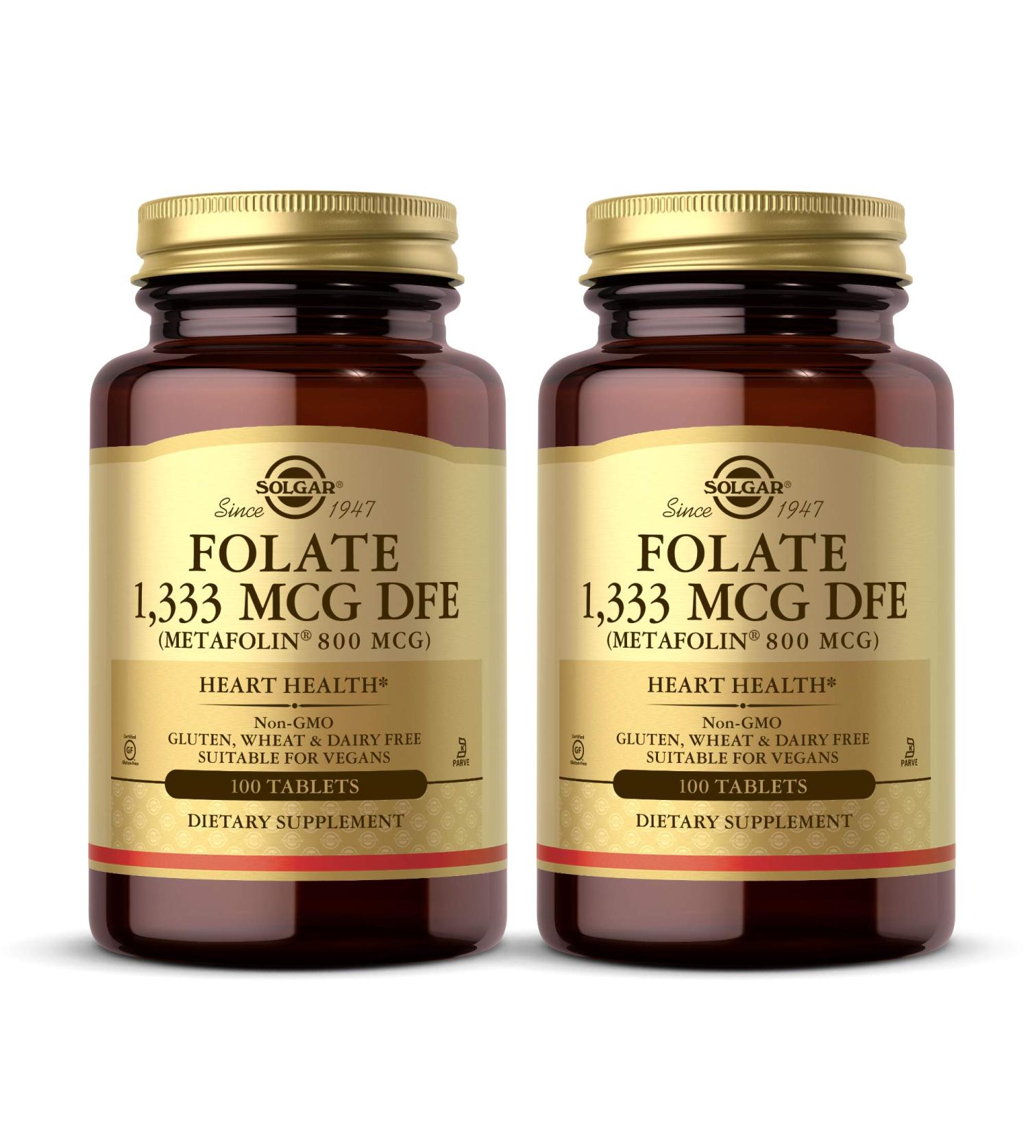 Solgar Folate 800 mcg Bio-Active Metafolin - 100 Tablets x 2 - Heart Health Support - Non-GMO Vegan Gluten Free Dairy Free Kosher - 200 Total Servings - Buy Online on GoSupps.com