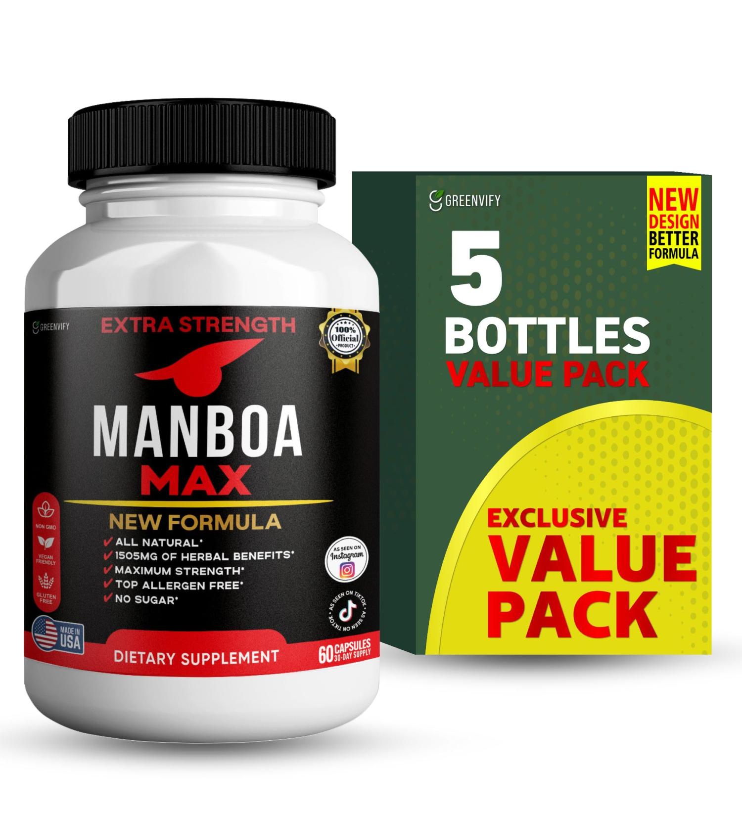 GREENVIFY MANBOA MAX Extra Strength Organic Maca Root Complex Blend with Black Red Yellow Maca 60 Vegan Capsules Non-GMO Sugar-Free (5) - Buy Online on GoSupps.com