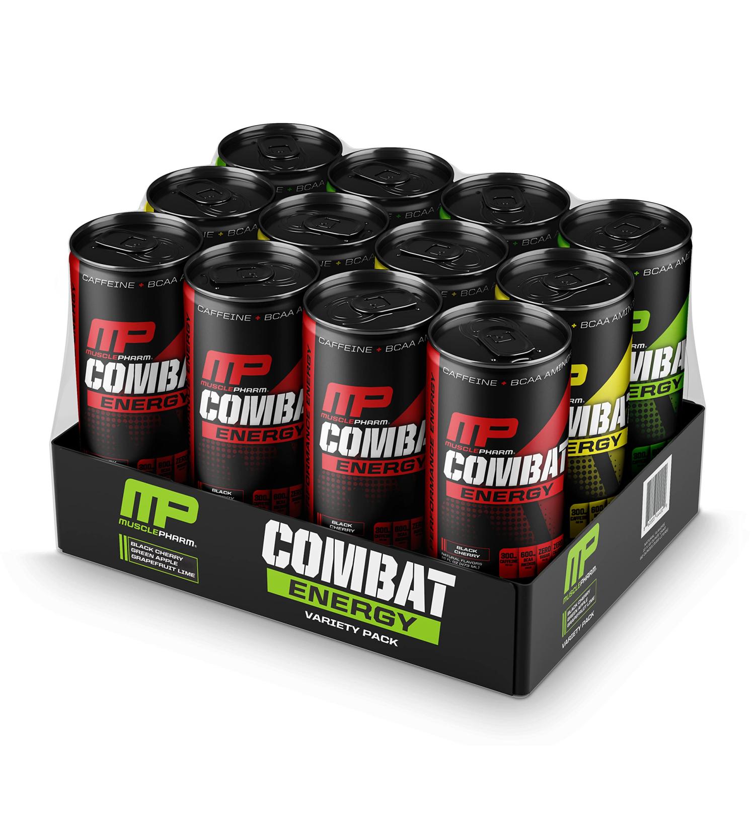 MusclePharm Combat Energy Drink 16oz (Pack of 12) Variety Pack - Grapefruit Lime  Green Apple & Black Cherry - Sugar Free Calories Free - Perfectly Carbonated with No Artificial Colors or Dyes Variety Pack (Grapefruit Lime  Black Cherry  Green Apple) - Buy Online on GoSupps.com