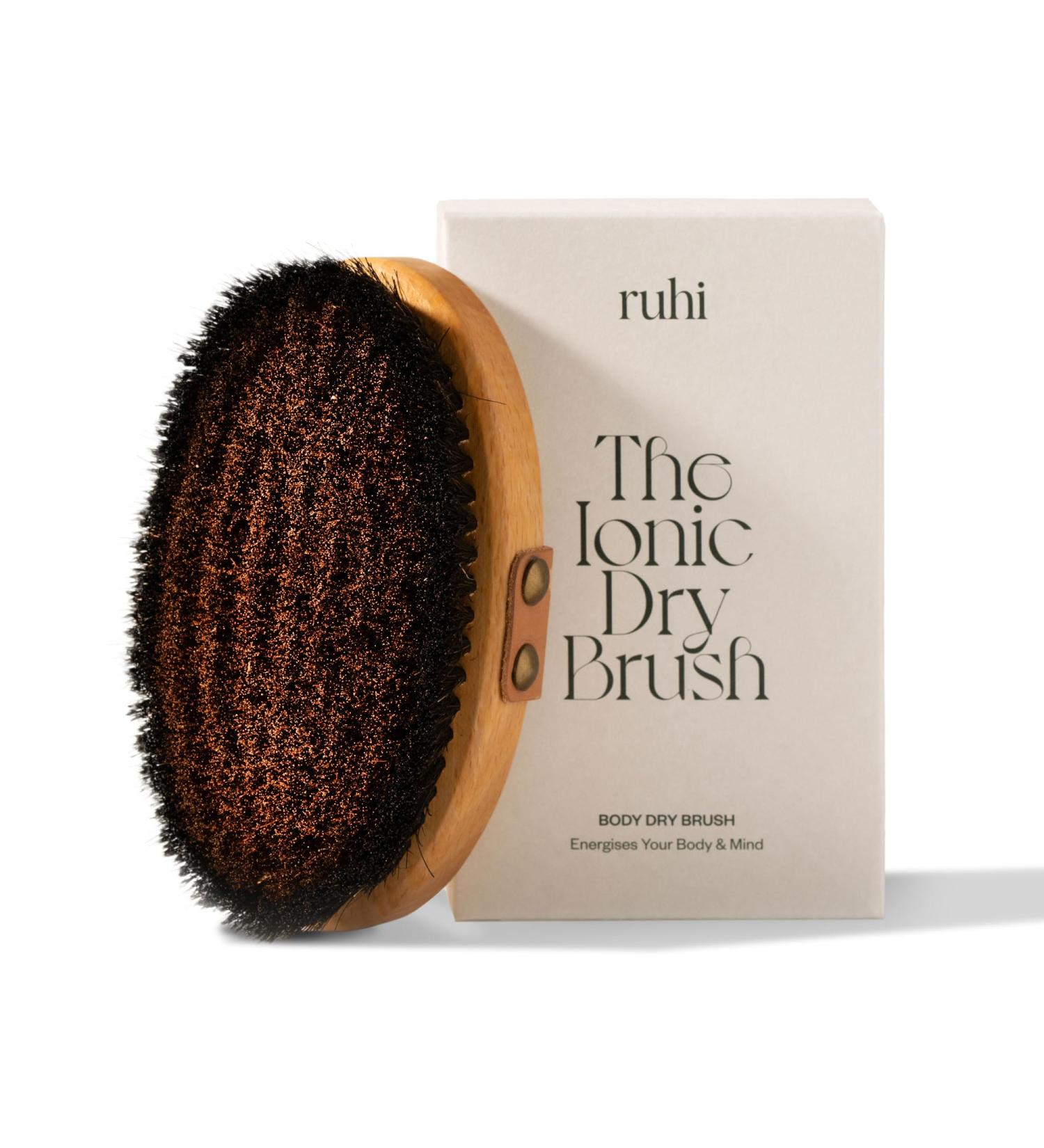 Ruhi Monastery Ionic Body Dry Brush - 100% Natural Bristles Copper for Cellulite Massage - FSC-Certified Beech Wood - Imported from Germany - Available in Beige Black - Buy Online on GoSupps.com