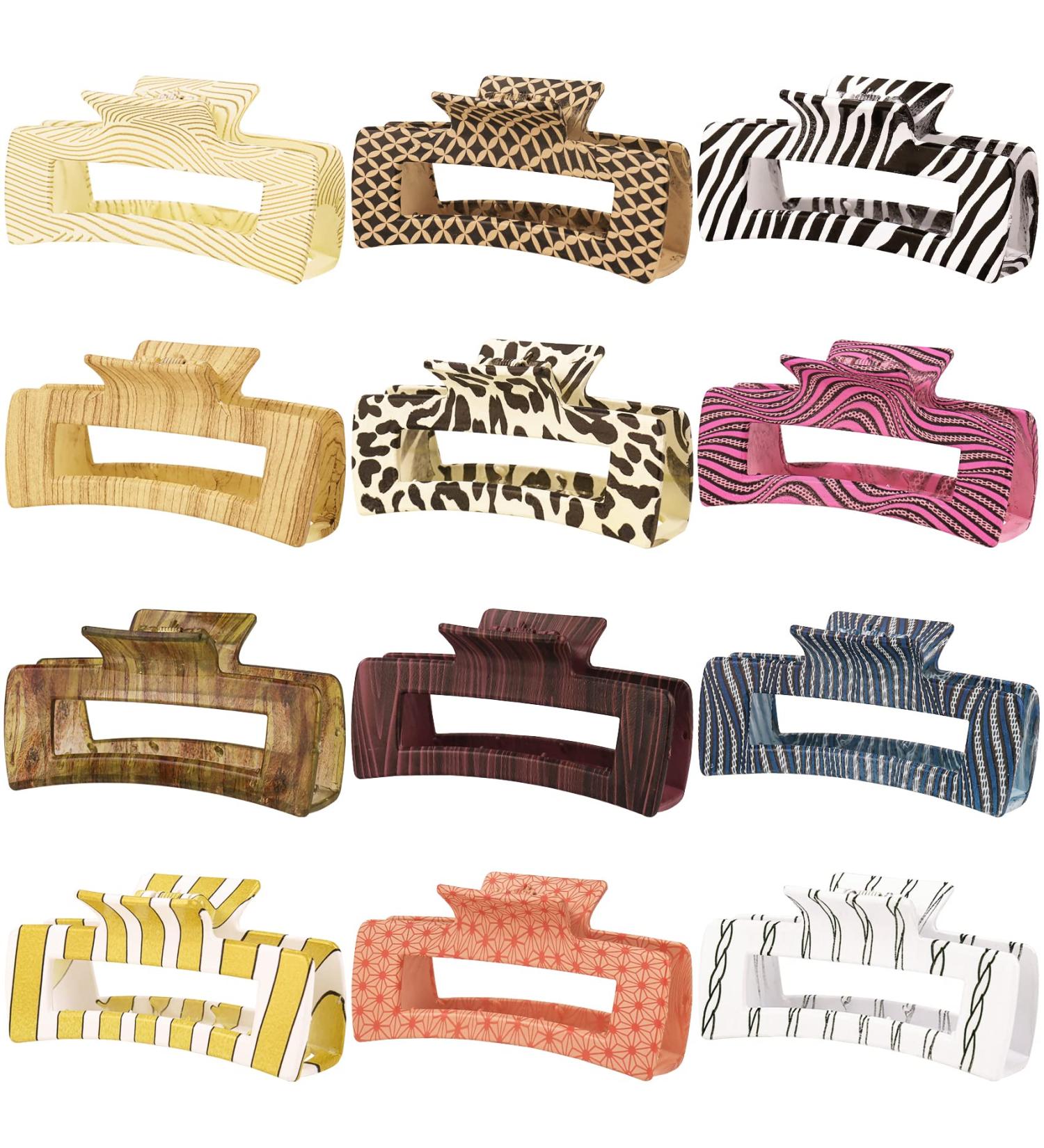 12 Pack Geometric Print Large Rectangle Hair Claw Clips | 4.1 Inch Leopard Print Strong Hold Jaw Clips for Women - Buy Online on GoSupps.com